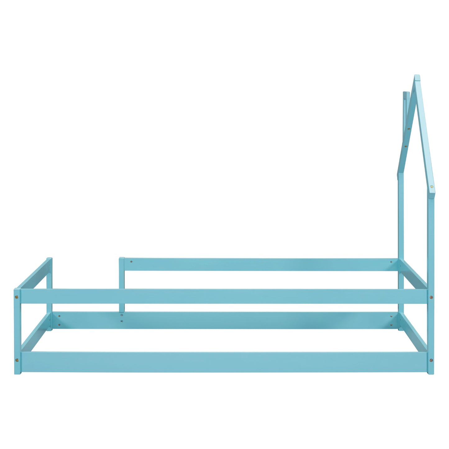 Twin Size Wood Bed With House-Shaped Headboard Floor Bed With Fences - Light Blue