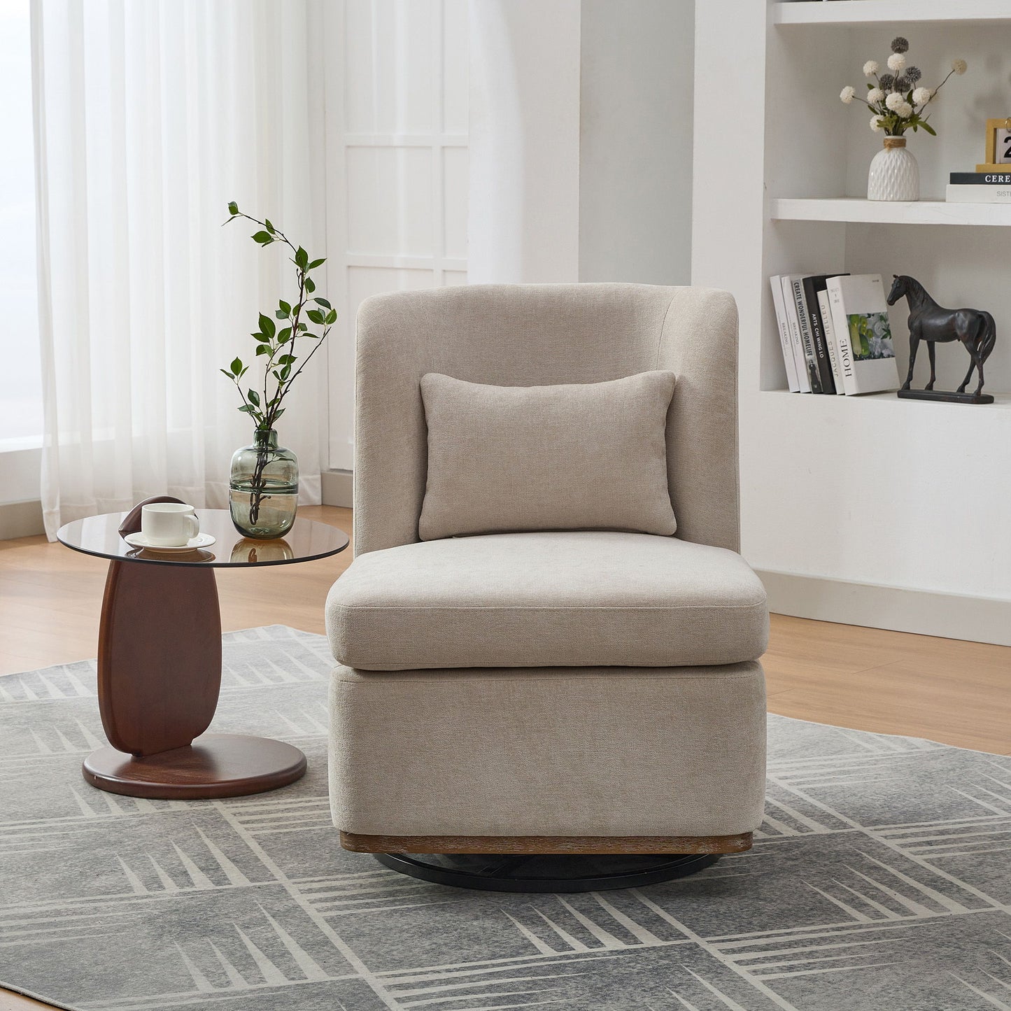 Modern Cushioned Armless Metal Base 360 Degree Swivel Chair With Pillow, Suitable For Living Room, Family Room, Bedroom, Lounge Area, Office - Beige