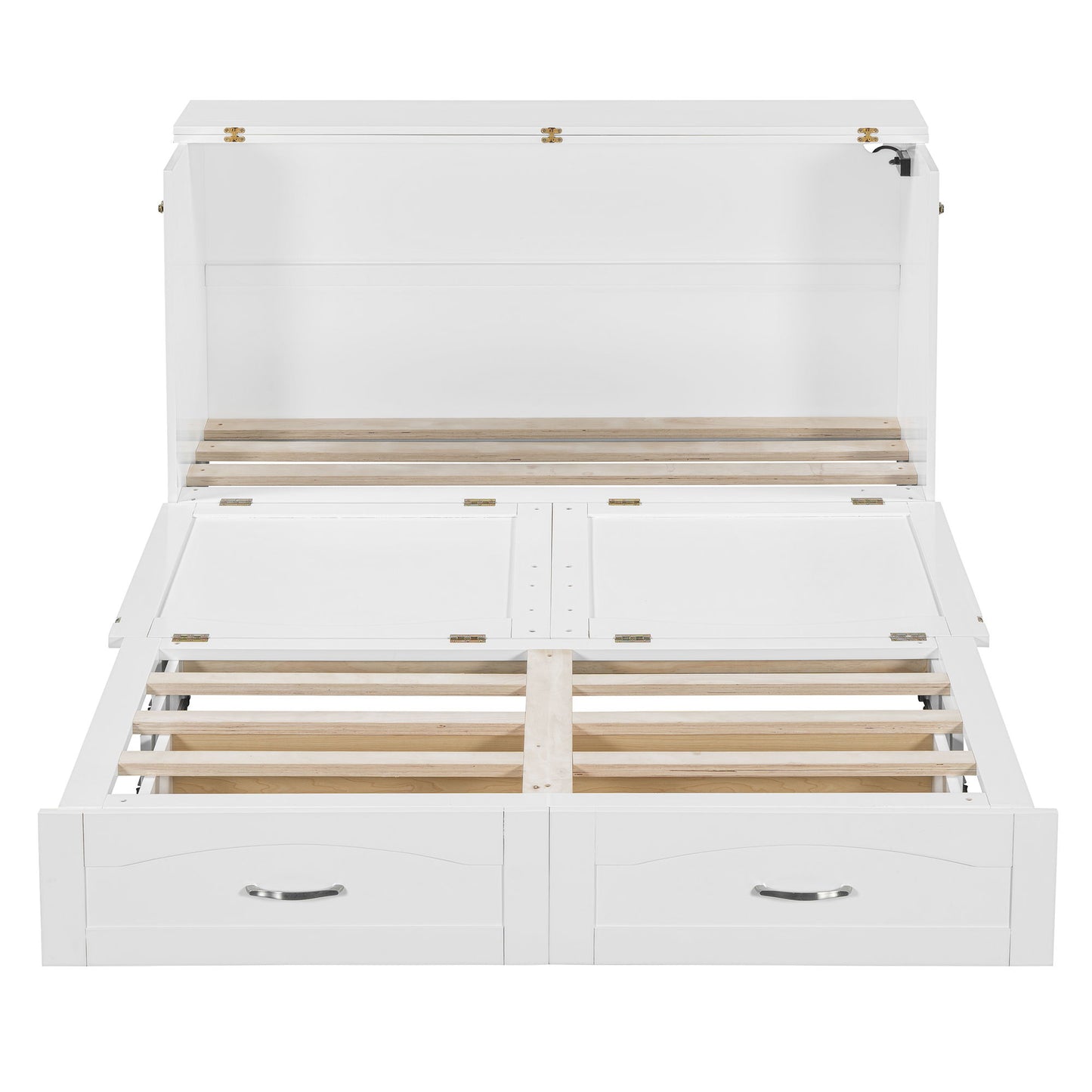 Queen Size Murphy Wall Bed With Drawer And A Set Of Sockets & USB Ports, Pulley Structure Design - White