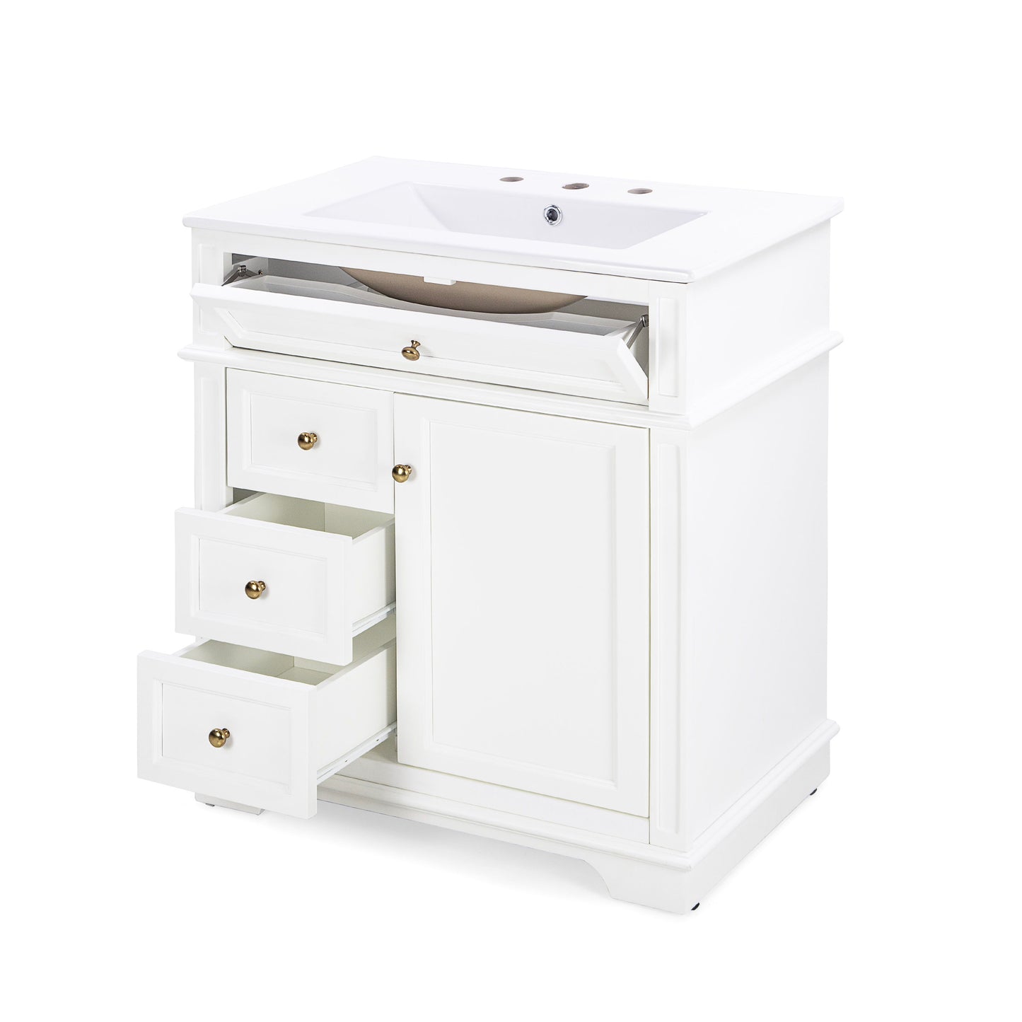 Freestanding 30" Bathroom Vanity With Sink, Soft Closing Door, Tip Out Drawer - White