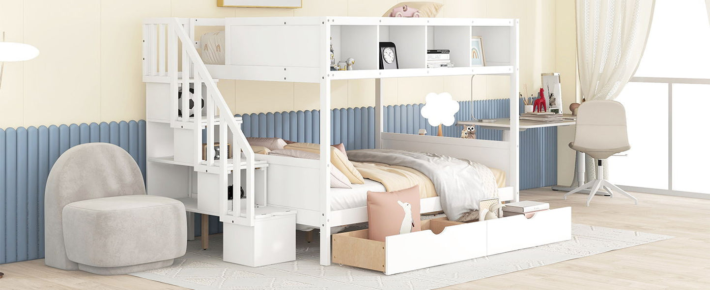 Twin Over Full Bunk Bed With Shelfs, Storage Staircase And 2 Drawers - White