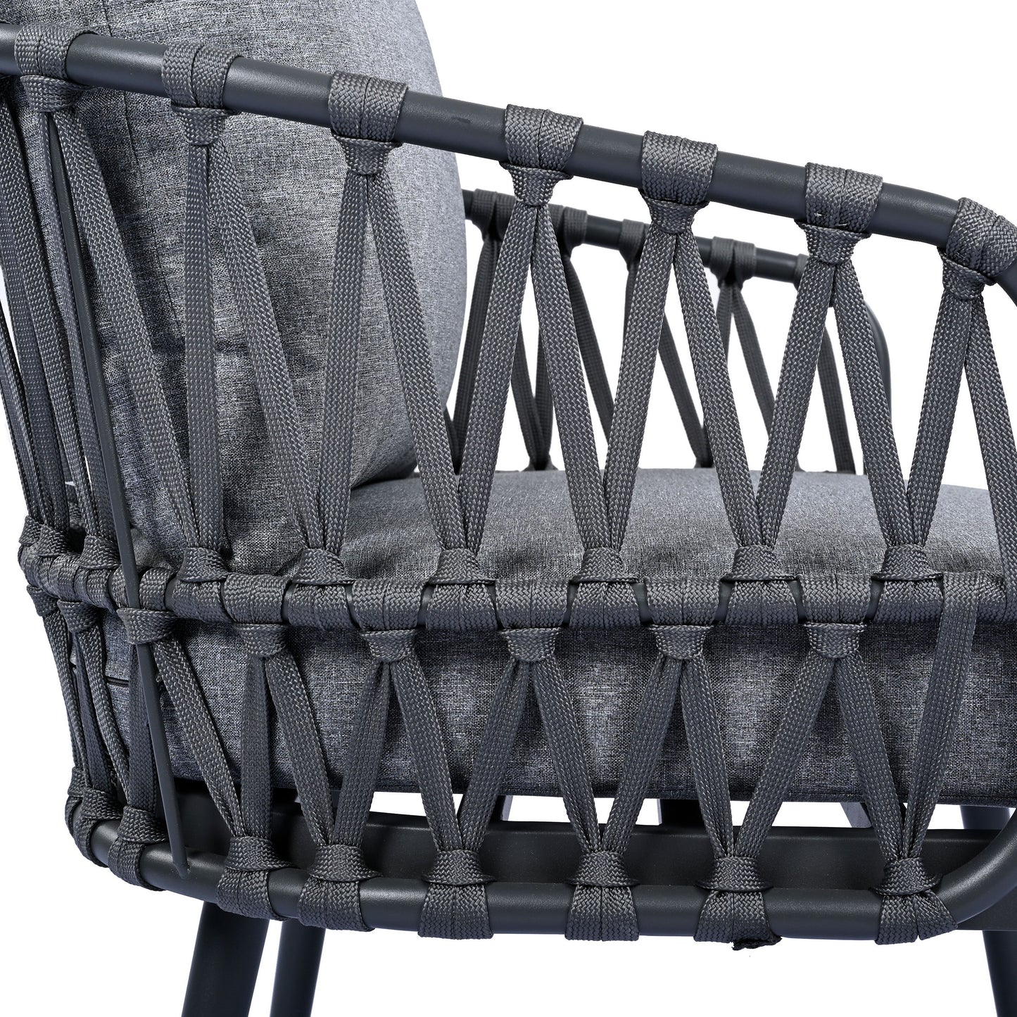 4 Piece Outdoor Patio Furniture Set, Metal Chairs With Woven Rope U Shaped Backrest, Outdoor Conversation Set With Thick Cushions And Coffee Table For Garden, Poolside, Balcony - Black / Gray