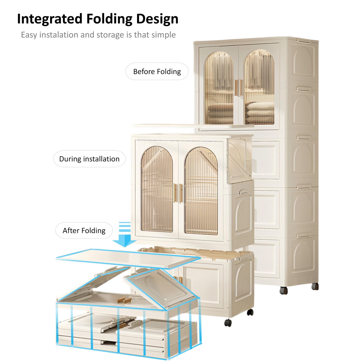Folding Wardrobe Cabinet Wide White Plastic With Magnetic Doors, Wheels, And 10 Hangers - Cream White
