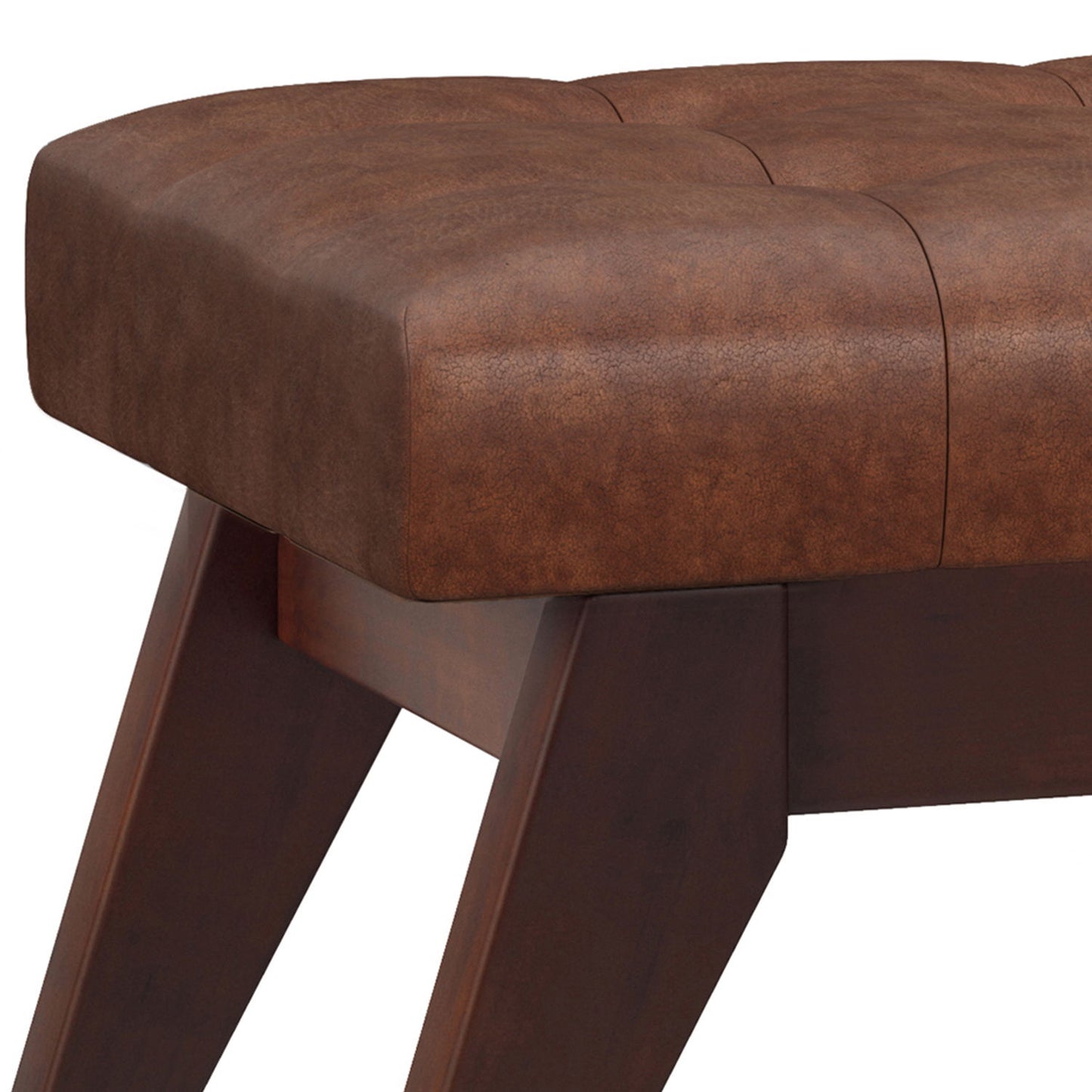 Draper - Mid Century Tufted Ottoman Bench - Distressed Saddle Brown
