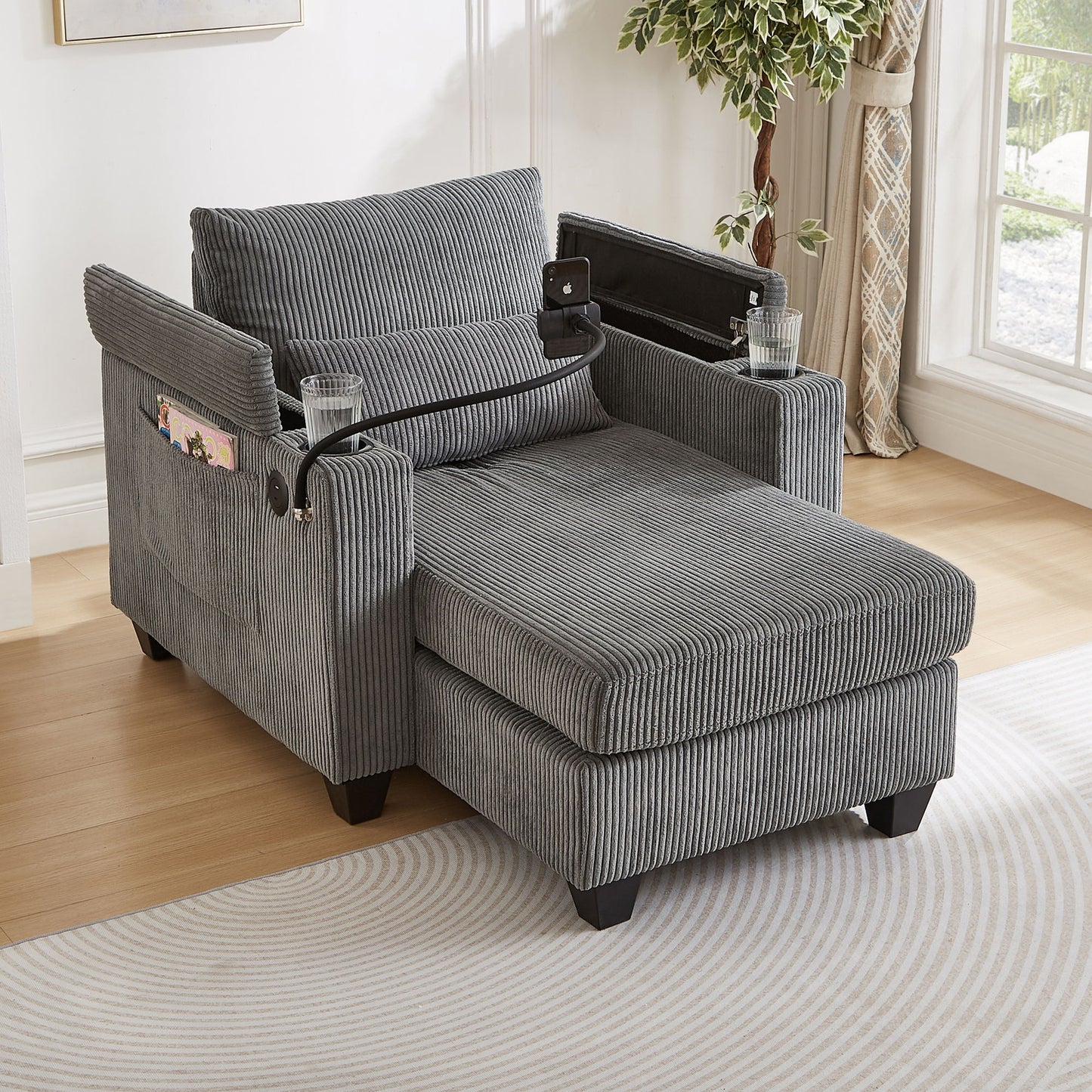 Convertible Chaise Lounge Sofa Chair Corduroy Sleeper With USB Ports, Cup Holders, Storage - Gray