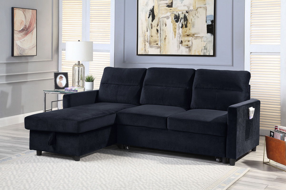 Ivy - Velvet Reversible Sleeper Sectional Sofa With Storage Chaise And Side Pocket - Black