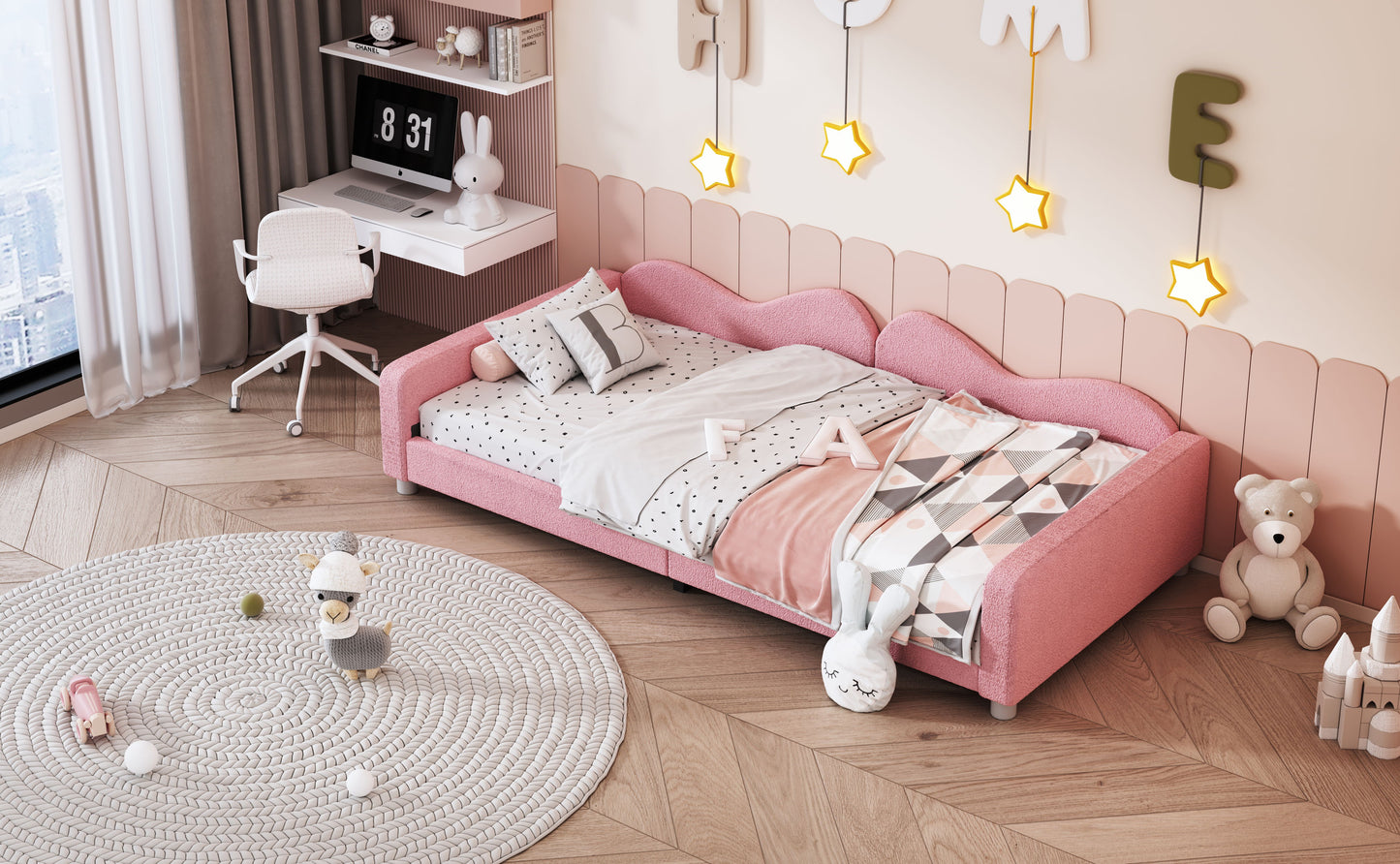 Twin Size Upholstered Daybed, Sherpa Fabric Sofabed With Cloud-Shaped Backrest, No Box - Spring Needed - Pink