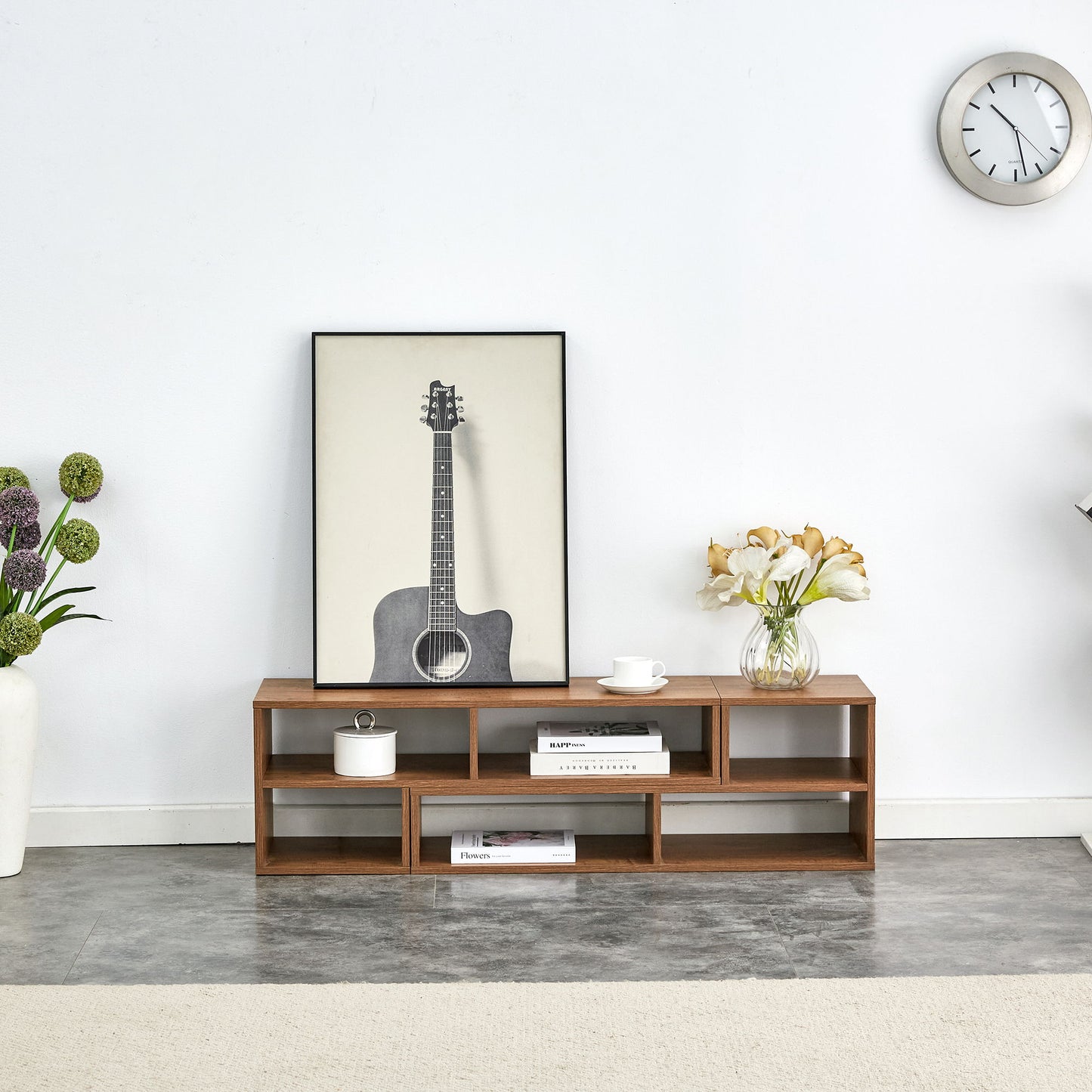 Modern 2 Piece Cube TV Stand With Open Storage, L Shaped Design - Walnut