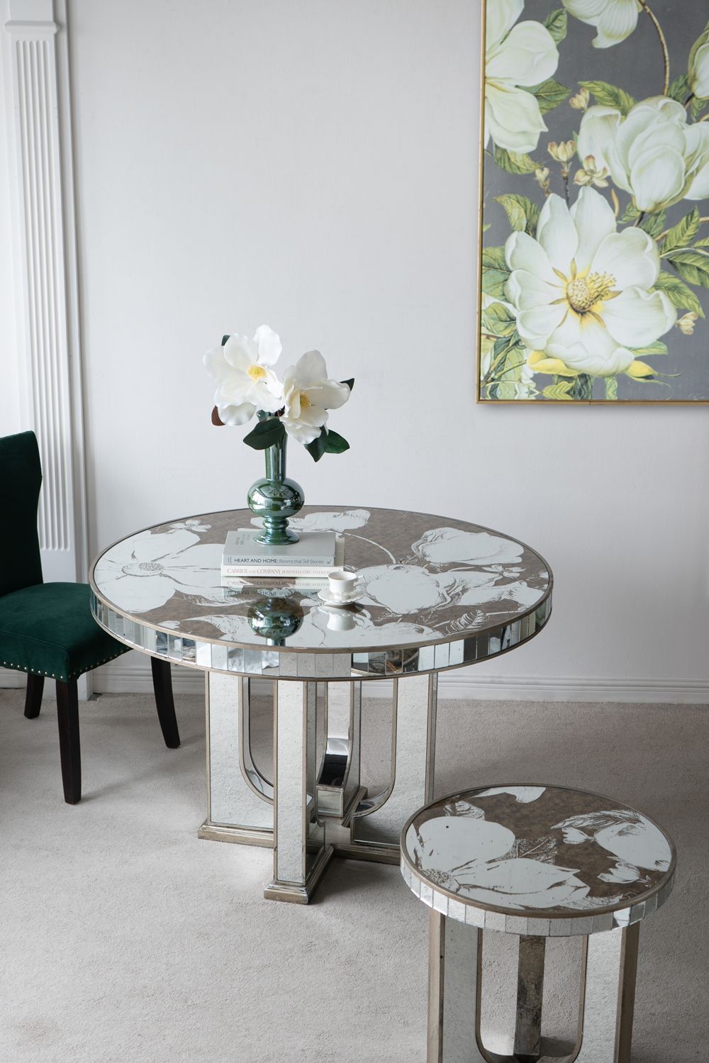 Round Side Table With Elegant Foral Design And Mirrored - Silver Multi