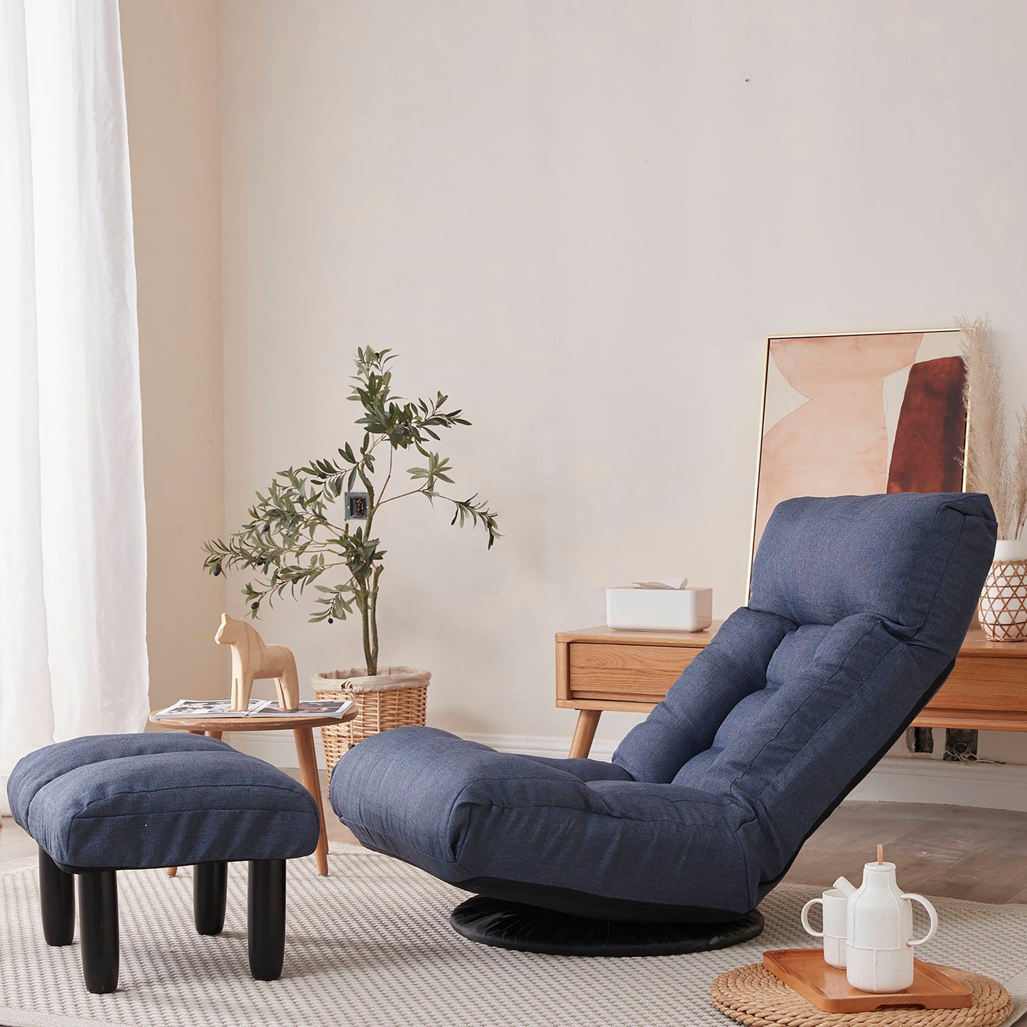 Adjustable Japanese Reclining Floor Chair Sofa With Metal Frame For Living Room & Balcony - Navy