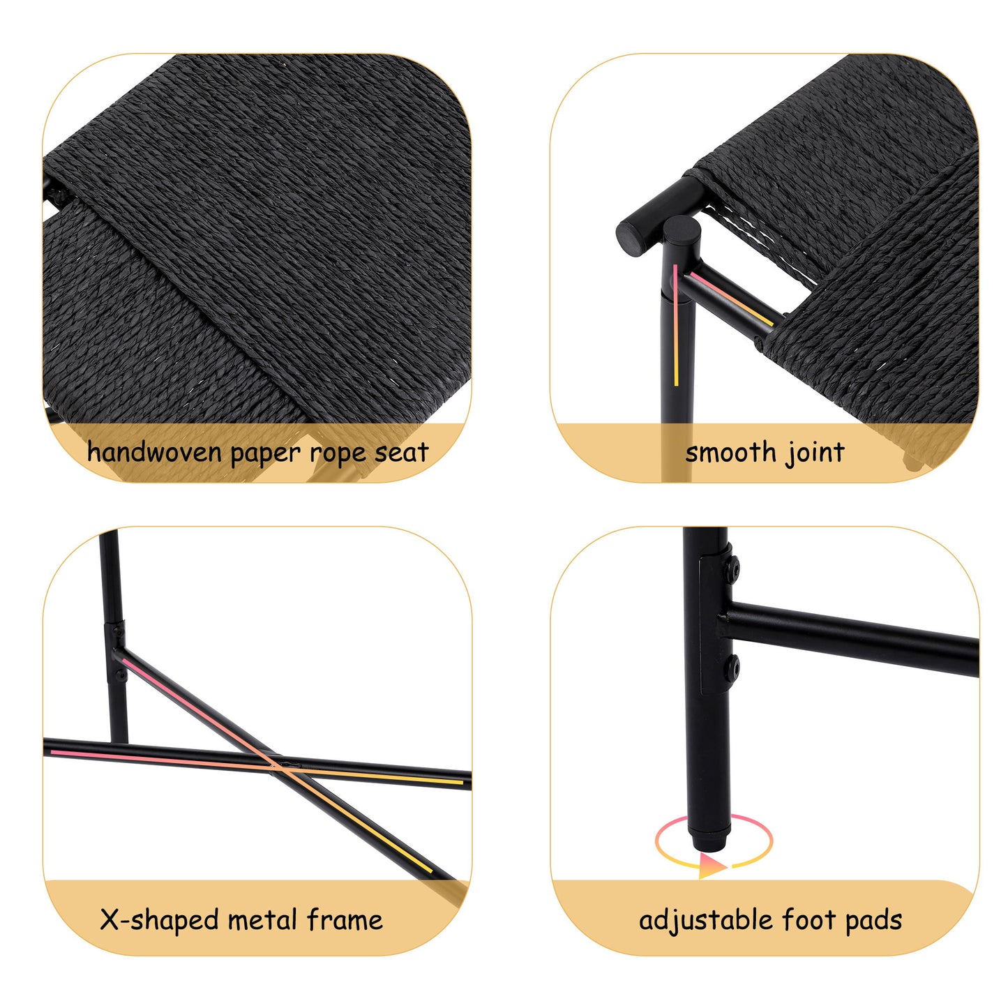 Handwoven Paper Rope Foot Rest Shoes Stools Ottomans For Entryway, Living Room, Bedroom & Office - Black