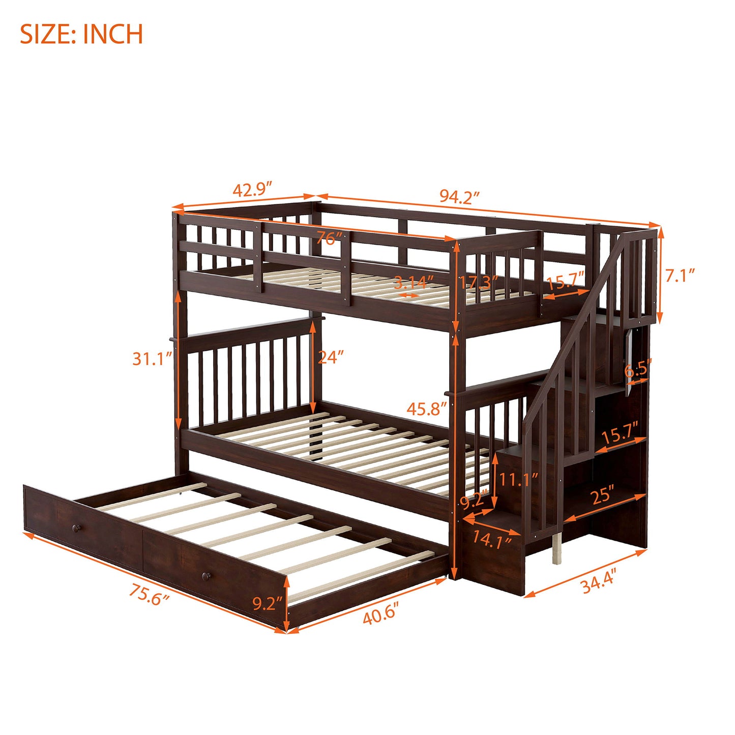 Twin Over Twin Stairway Bunk Bed With Twin Size Trundle For Bedroom - Espresso