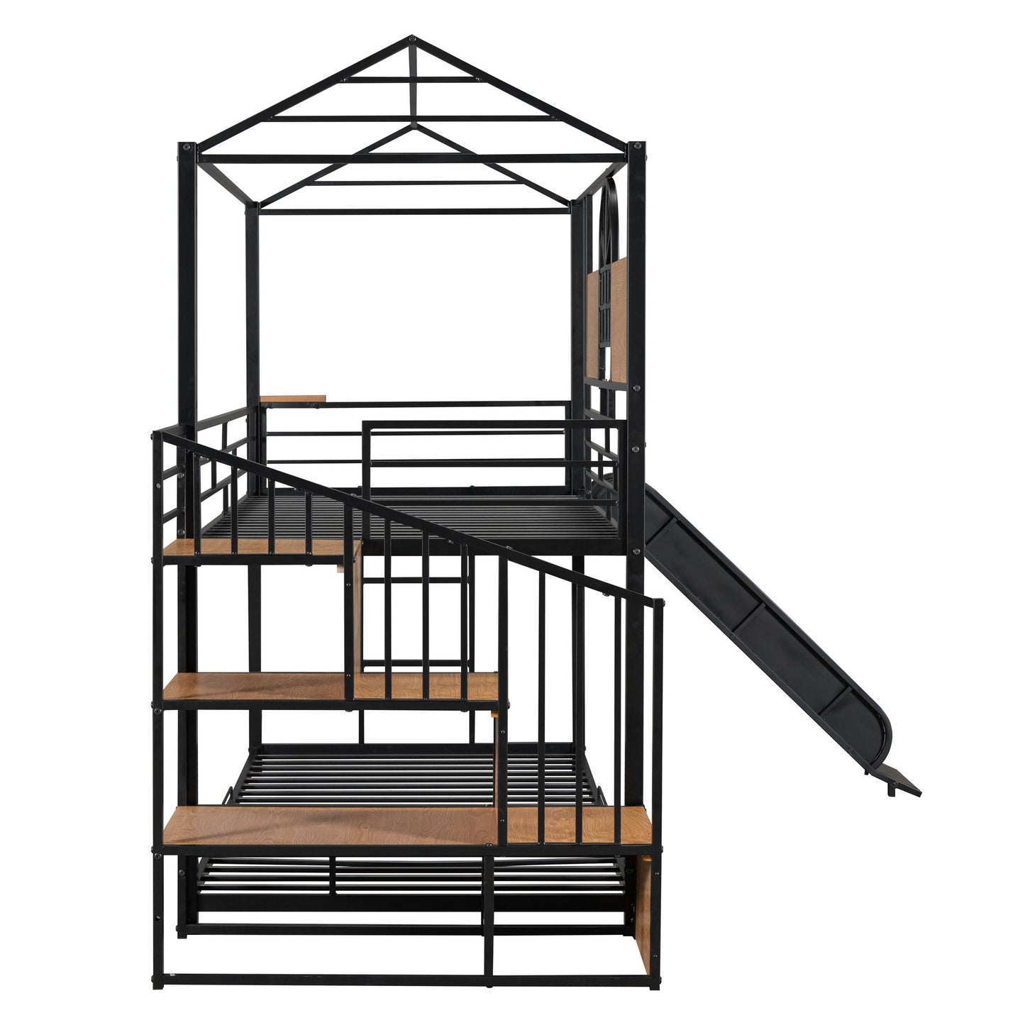 Twin Over Twin Bunk Bed, Housebed With Slide And Storage Stair - Black