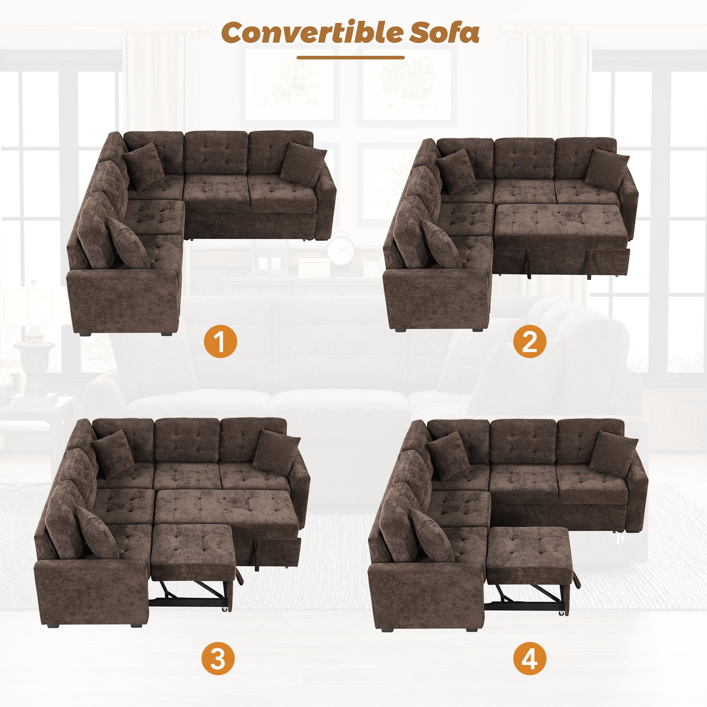 L-Shape Sofa Bed Pull-Out Sleeper Sofa With Wheels, USB Ports, Power Sockets For Living Room - Brown