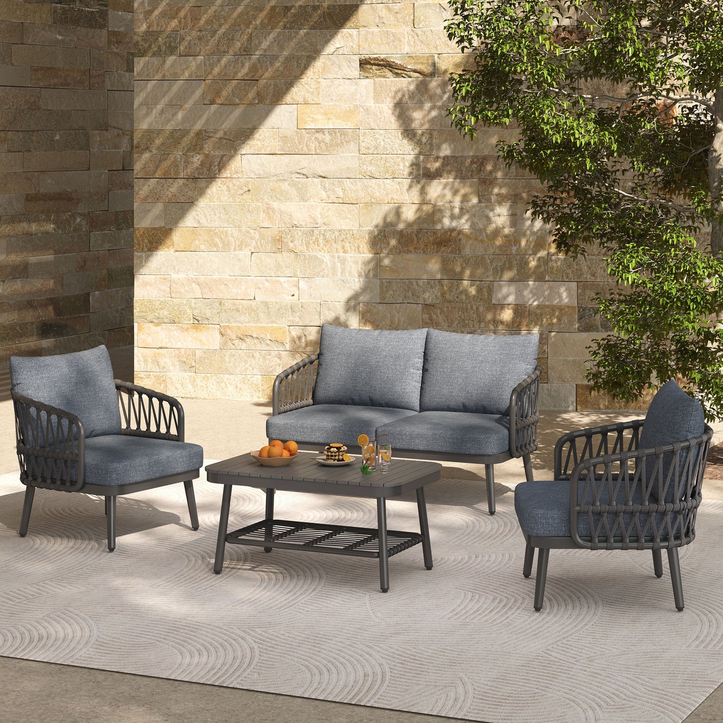 4 Piece Outdoor Patio Furniture Set, Metal Chairs With Woven Rope U Shaped Backrest, Outdoor Conversation Set With Thick Cushions And Coffee Table For Garden, Poolside, Balcony - Black / Gray