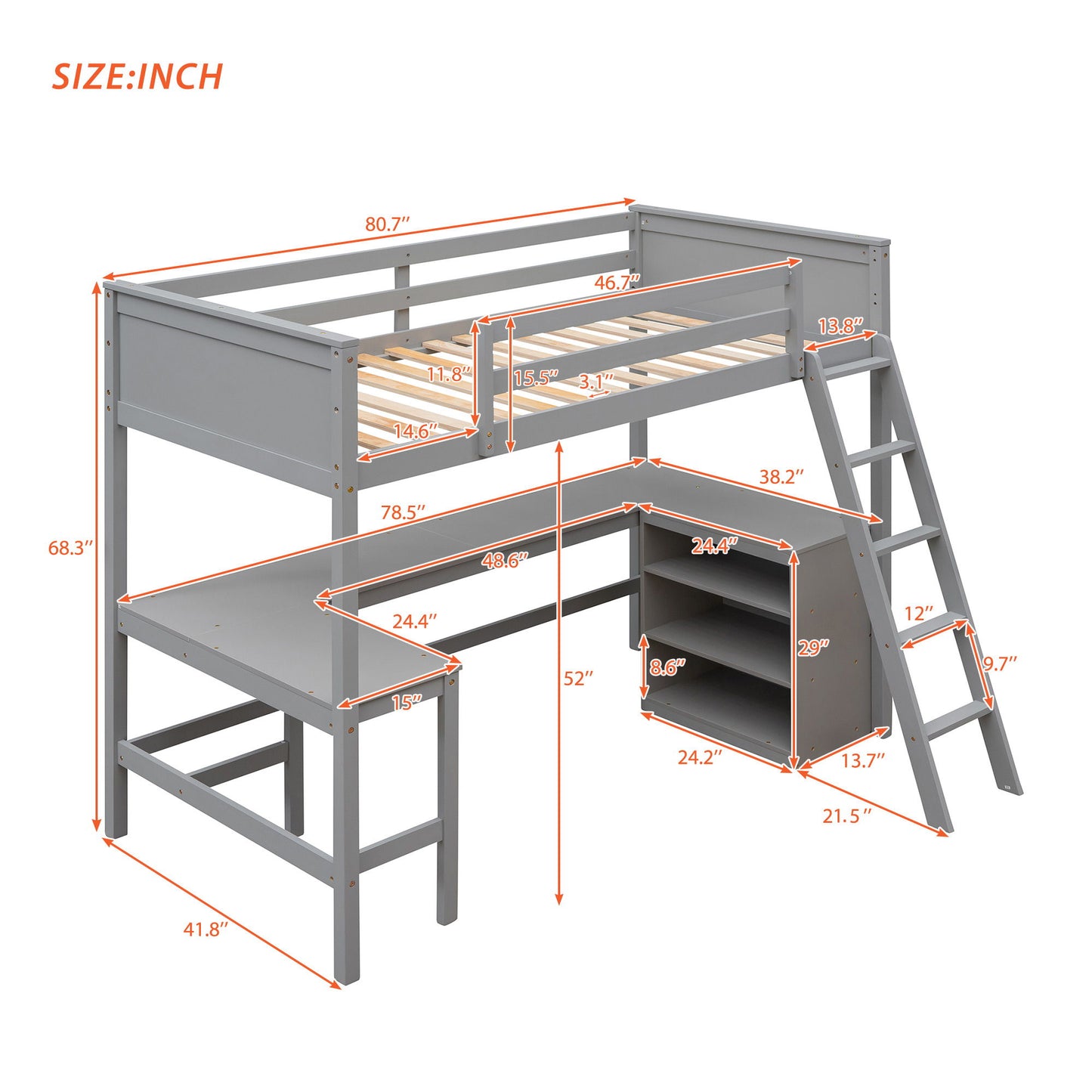 Twin Size Loft Bed With Shelves With Desk - Gray