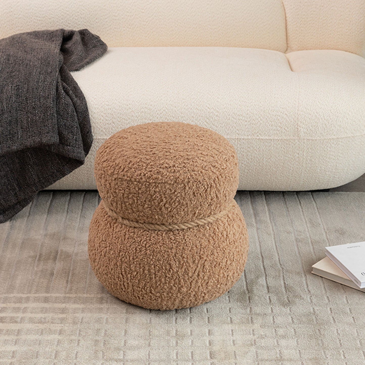 Snowman Stool With Lamb Wool Cushion And Solid Wood Frame - Light Camel