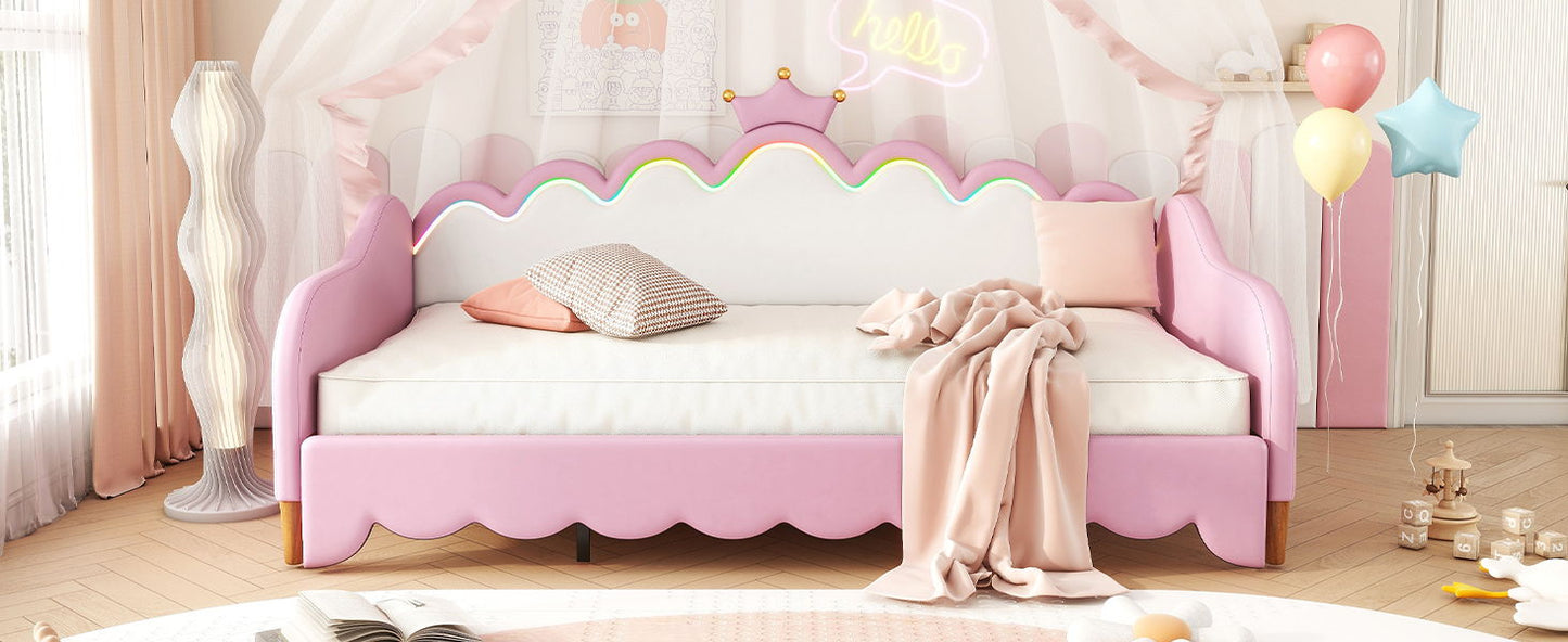 Twin Extending Daybed With LED Lights, Modern Upholstered Princess Daybed With Crown Headboard - Pink