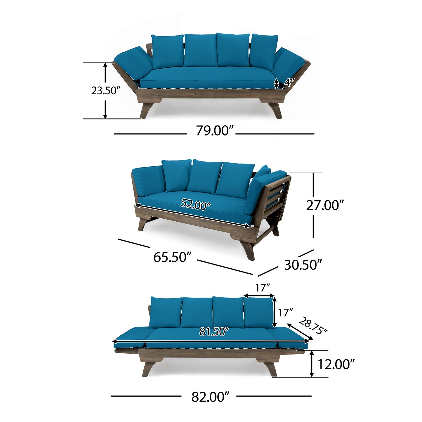 Ottavio - Convertible Sofa Daybed With Water Resistant Cushions - Gray / Teal