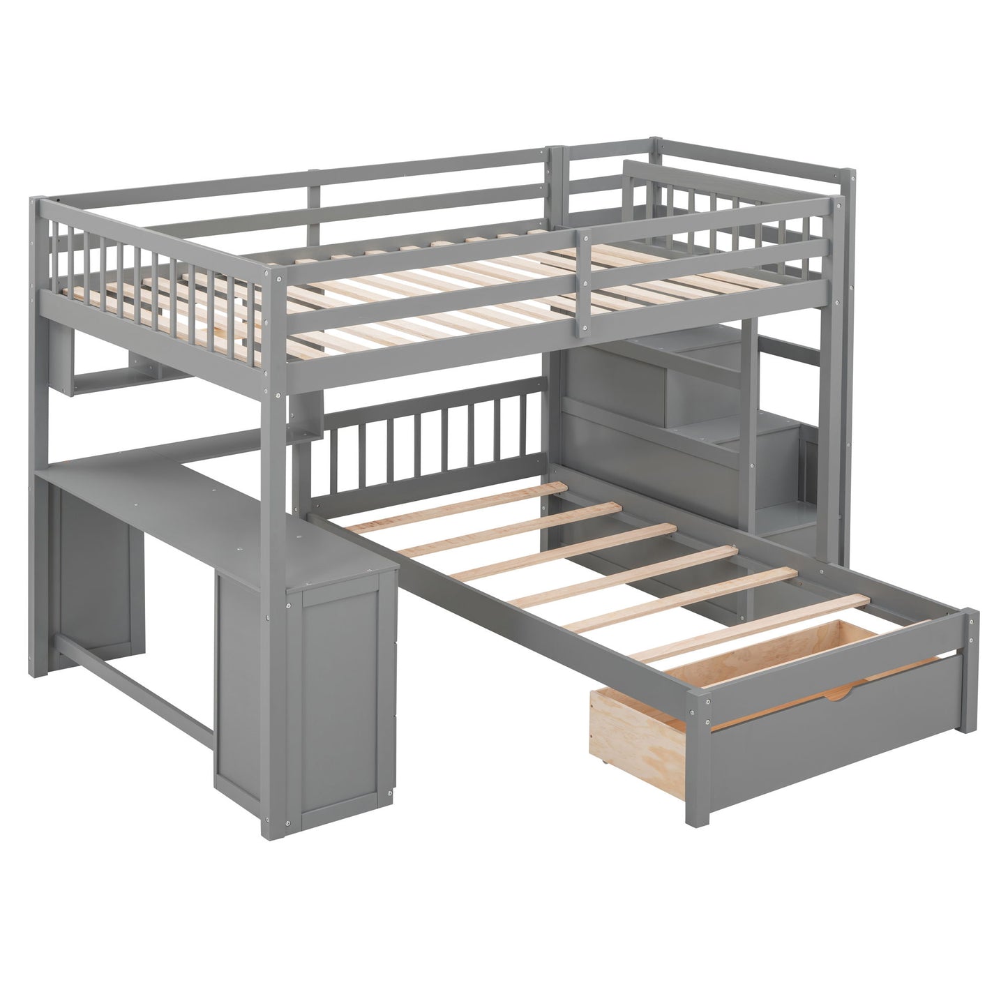 Full Over Twin Bunk Bed With Desk, Drawers And Shelves - Gray