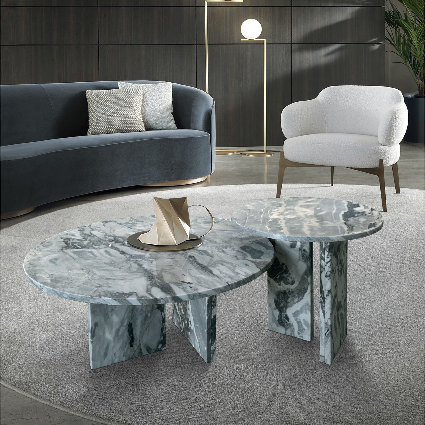 Luxury Natural Marble Coffee Table Set With Metal Base For Living Room - Blue / Gray