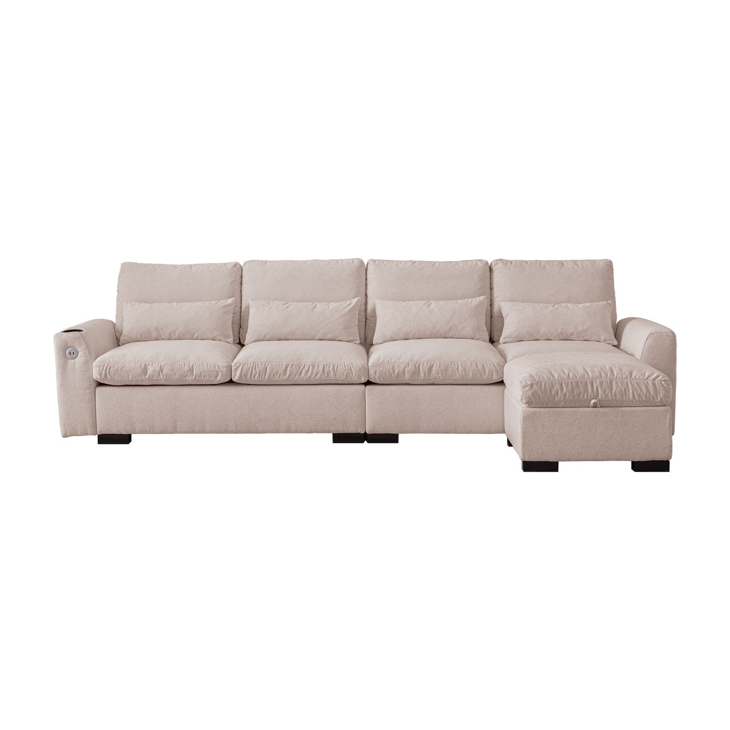 Modern Modular L Shaped Chenille Sofa Couch Reversible Ottoman With Storage Removable And Washable Cushions Sofa With USB Ports & Cup Holder For Living Room - Beige