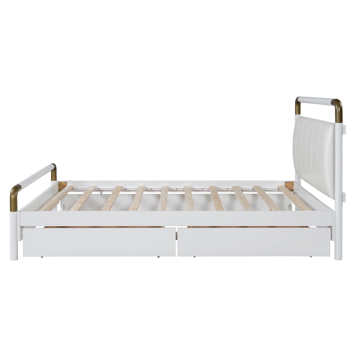Queen Size Storage Platform Bed, With 2 Big Drawers, Twin Long Size Trundle - White