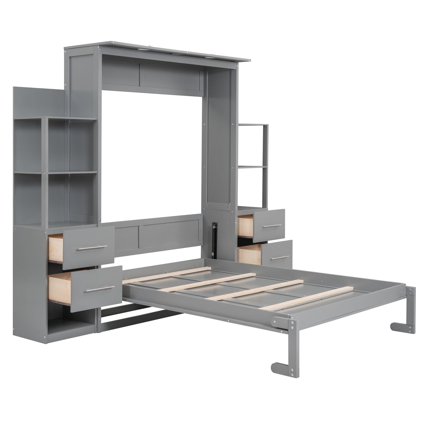 Full Size Murphy Wall Bed With Shelves, Drawers And LED Lights - Gray