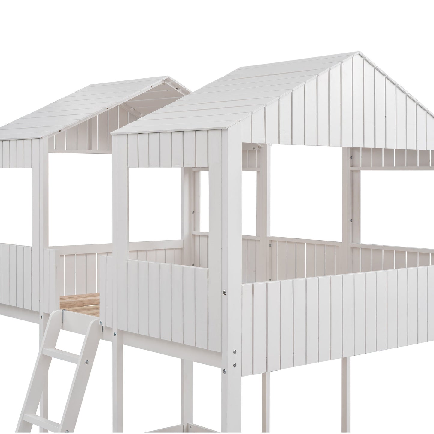 Full Over Full Bunk Bed With Roof, Window, Guardrail, Ladder - White