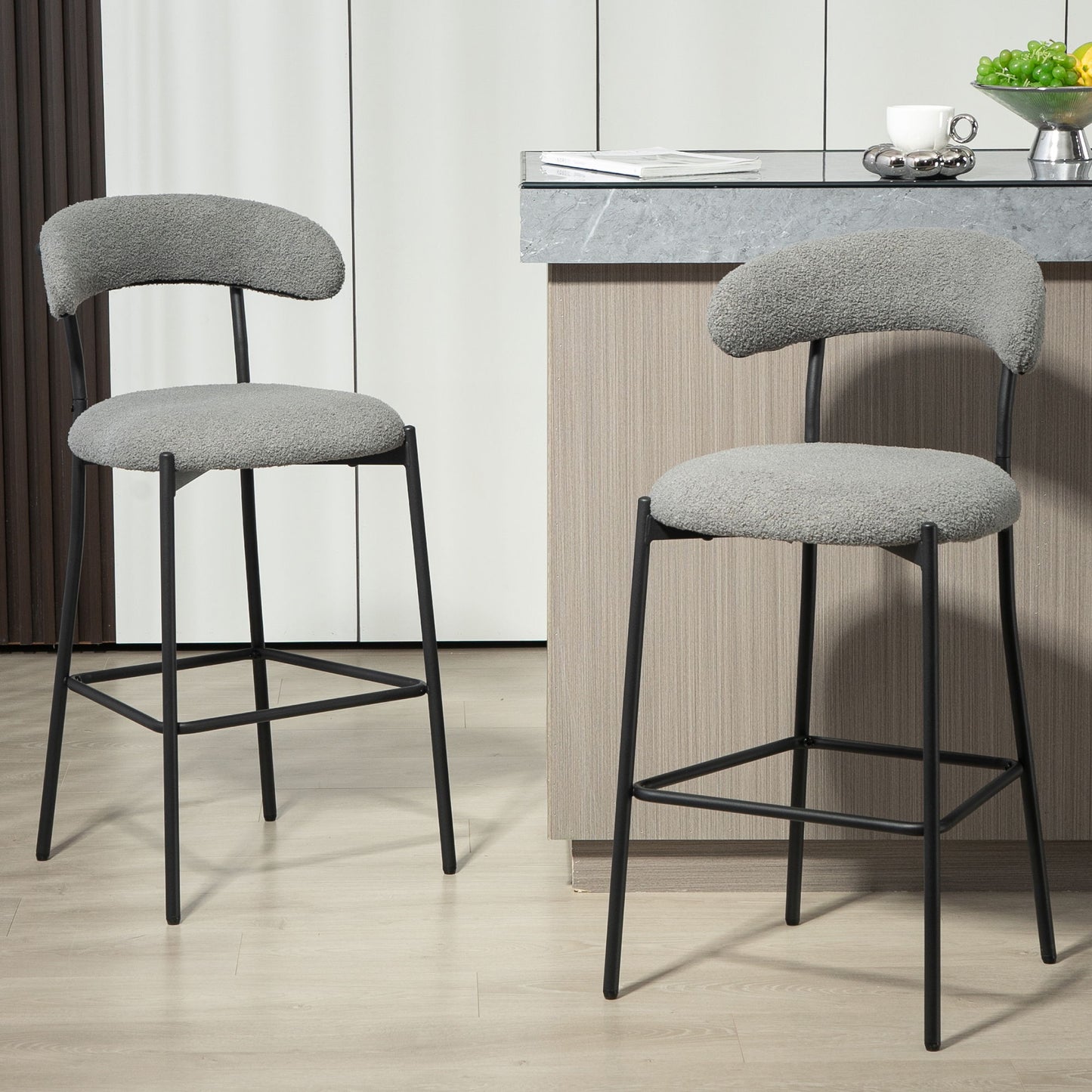 Counter Height Bar Stools Teddy Fabric Cover Kitchen Island Counter Bar Stool With Black Powder Coating Base And Footrest - Gray