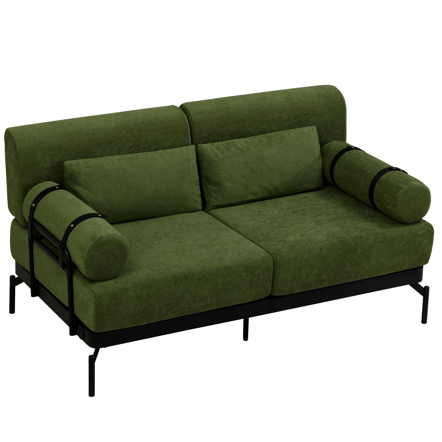 Modern Loveseat Sofa 2 Seater With USB Ports, Cylindrical Armrests - Green