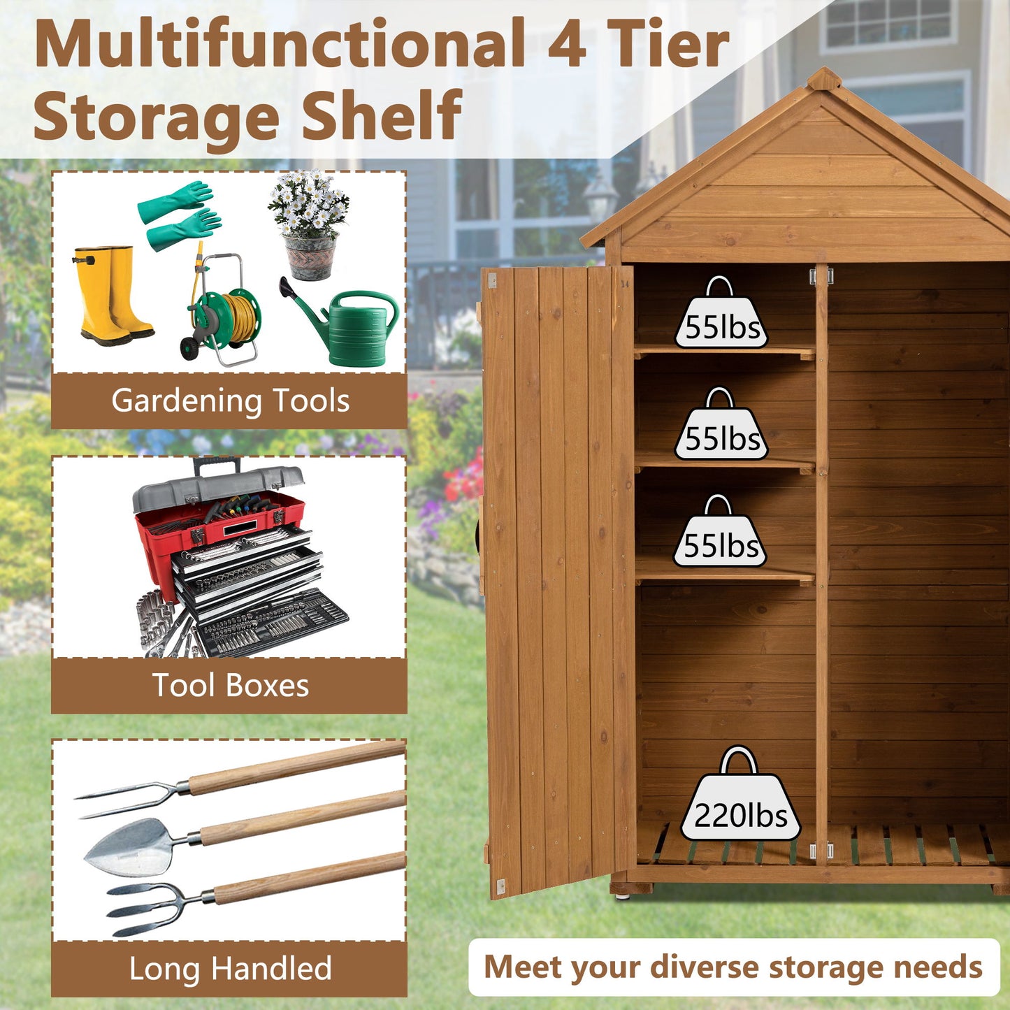 Outdoor Storage Cabinet, Garden Wood Tool Shed, Outside Wooden Shed Closet With Shelves And Latch For Yard - Light Brown