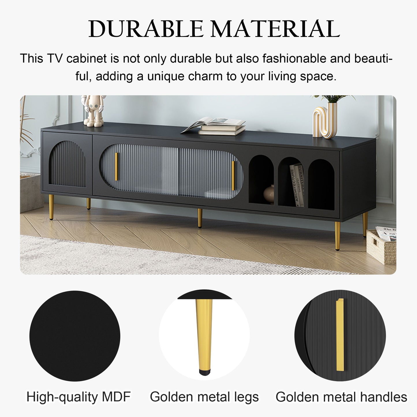 Modern TV Stand For Up To 70" TV, Entertainment Center TV Media Console Table, With 3 Shelves And 2 Cabinets, TV Console Cabinet Furniture For Living Room - Black