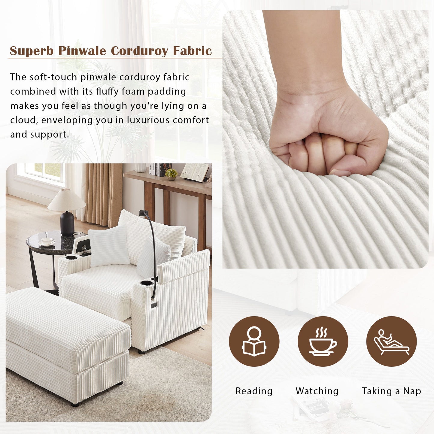 Modern Style Single Sofa Sofa Couch With Storage Space, A Movable Ottoman, Two USB Ports, Two Cup Holders, A Phone Holder For Living Room - Beige