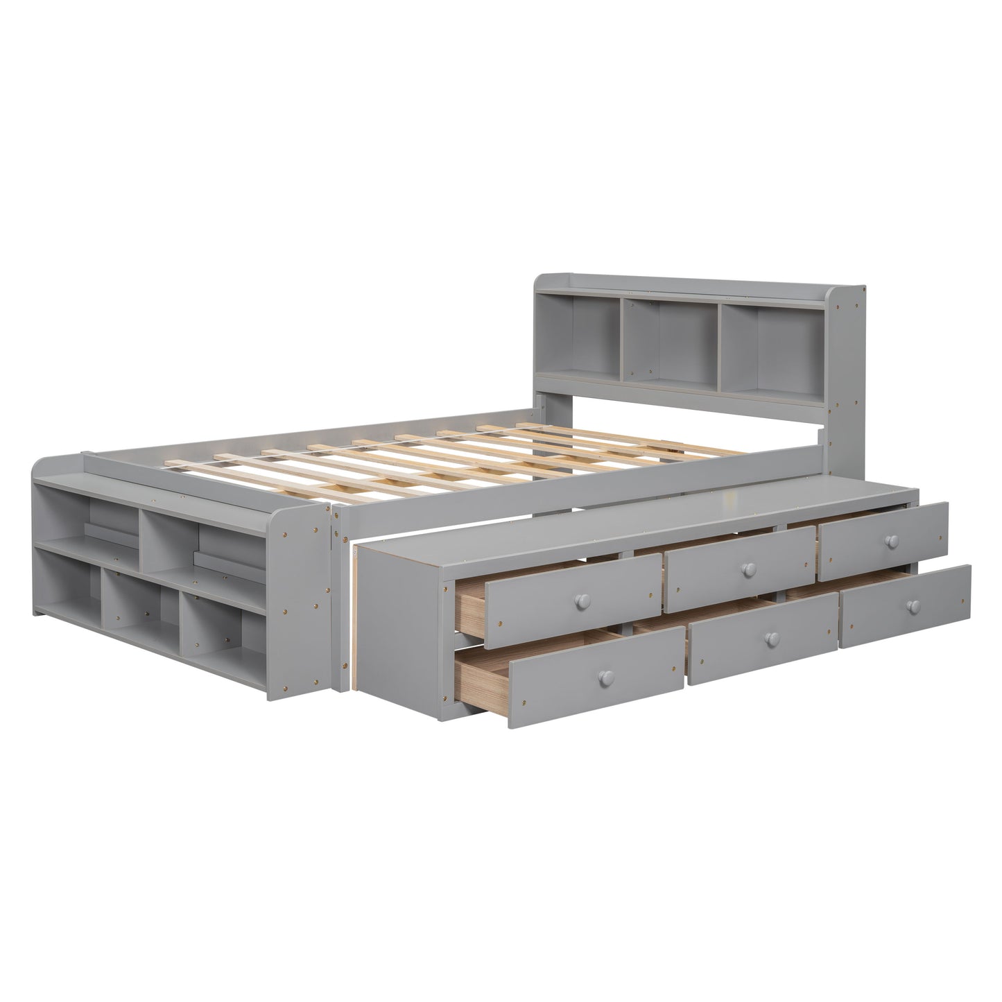 Full Bed With Bookcase Headboard, Under Bed Storage Drawers And Bed End Storage Case - Gray