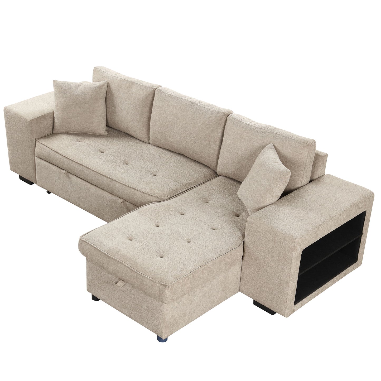 Modern L-Shape 3 Seat Reversible Sectional Couch, Pull Out Sleeper Sofa With Storage Chaise And 2 Stools For Living Room Furniture Set - Cream