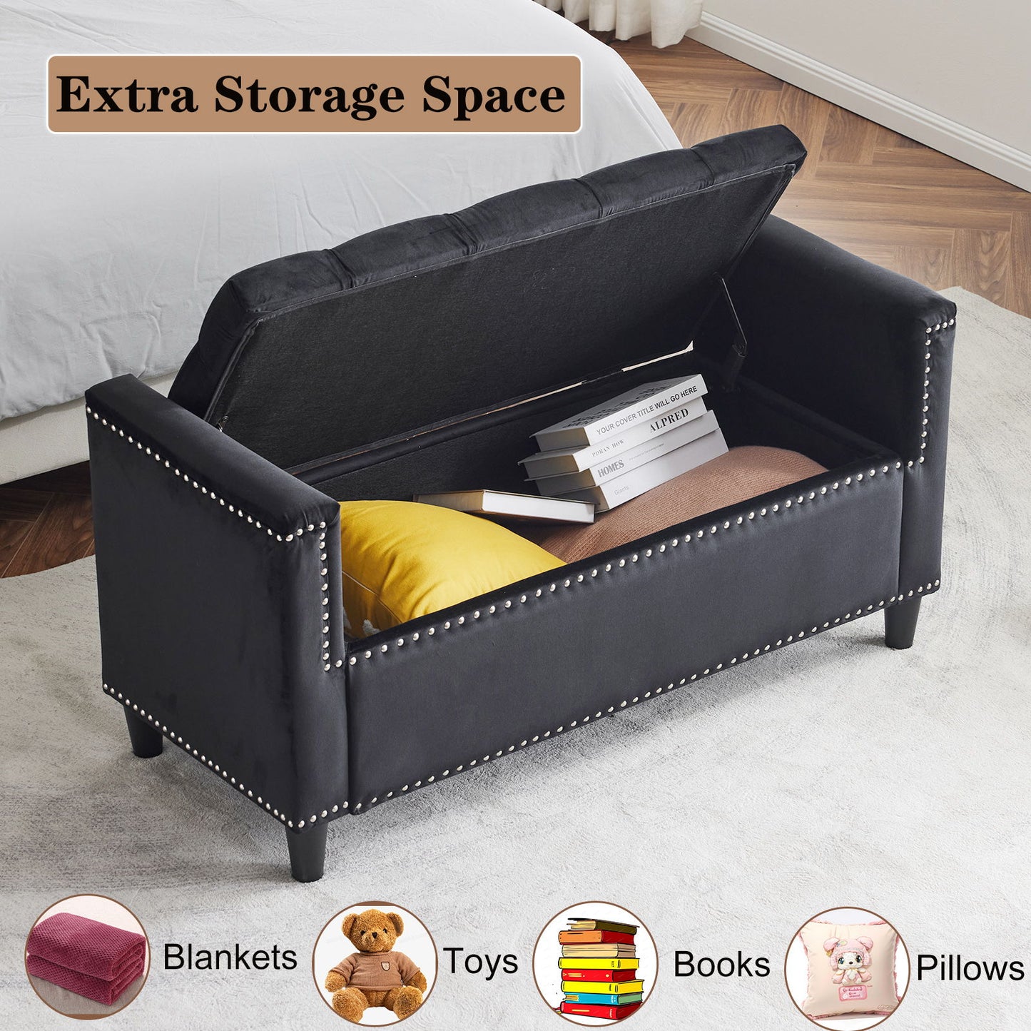 Storage Bench, Queen Velvet Button Bedside Bench, Entryway Living Room With Armrests, Nailhead Trim, Upholstered Bedroom Bench, Bedside Ottoman, Living Room, Entryway - Black