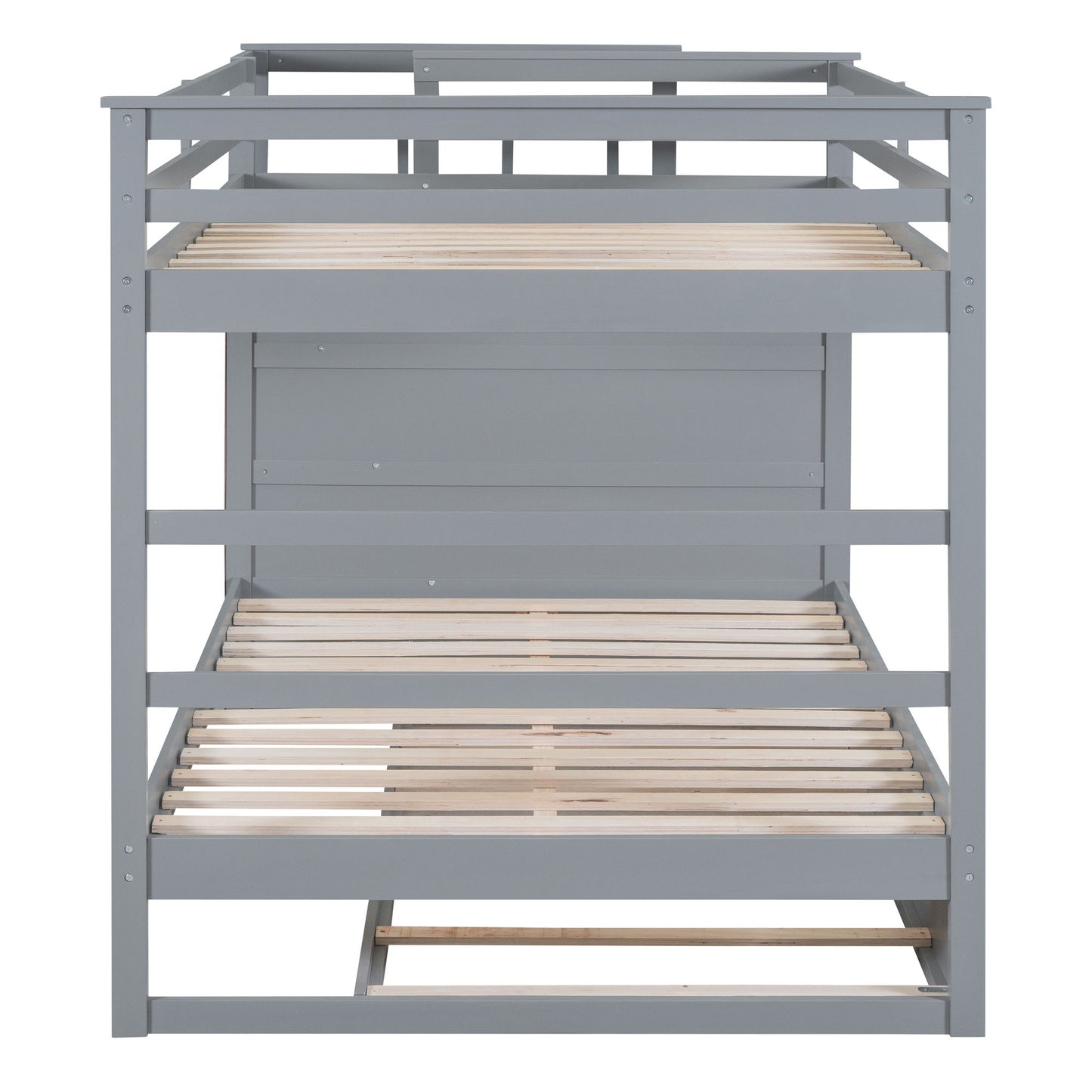Full Over Full Bunk Bed With Twin Size Trundle And Staircase - Gray