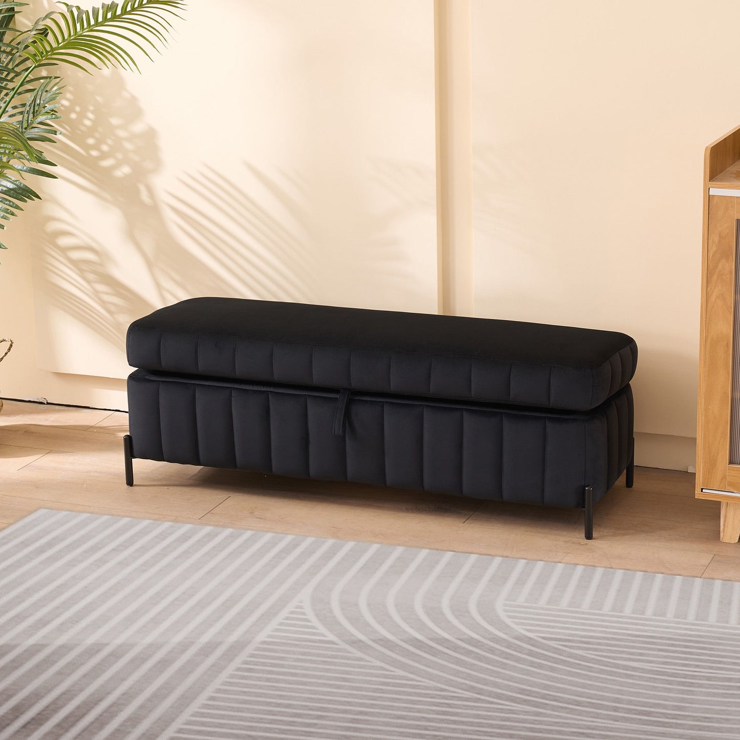 Wide Upholstered Velvet Storage Soft Bench Footstool Ottoman End Of Bed With Metal Legs, Foot Rest For Living Room, Entryway And Bedroom - Black