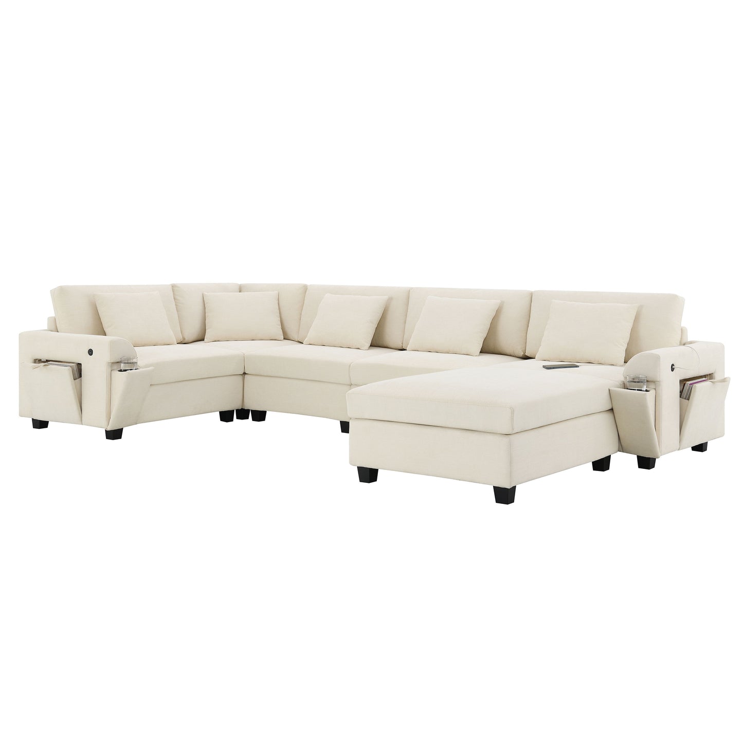 U Shaped Sectional Sofa 6 Seat Couch Set With Oversized Ottoman, Hidden Armrest Storage And Cup Holders USB Charging Ports Wide Seat Sofa - Off White
