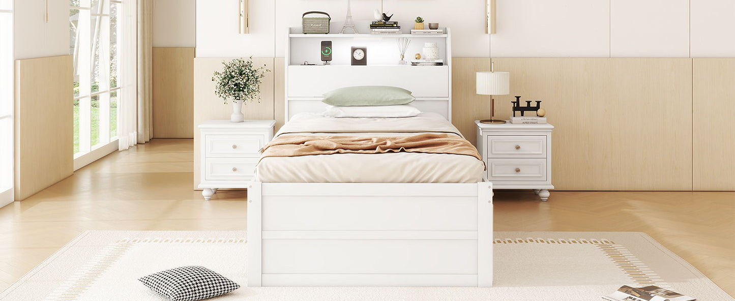 Twin Size LED Platform Bed With Trundle With Storage Headboard With Drawers - White