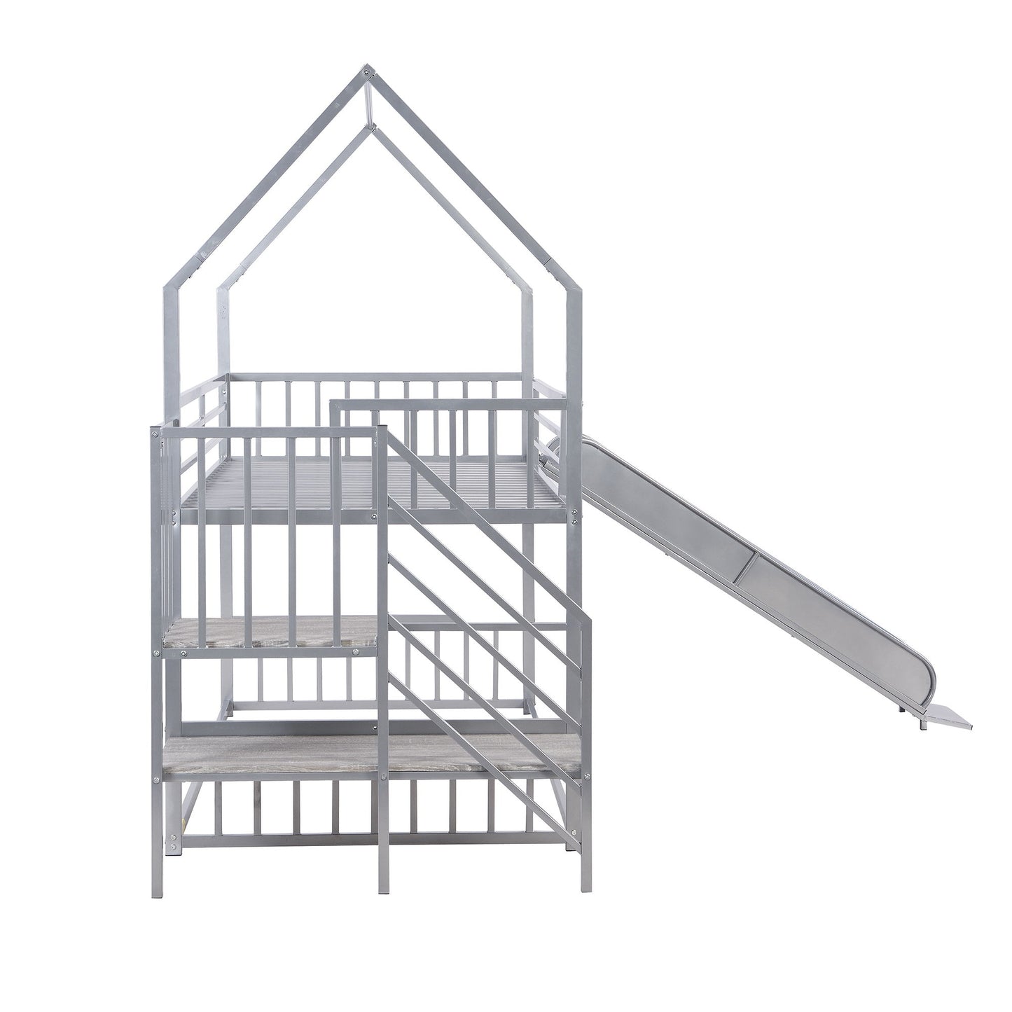 Twin Over Twin Metal Bunk Bed House Bed With Slide And Staircase - Silver
