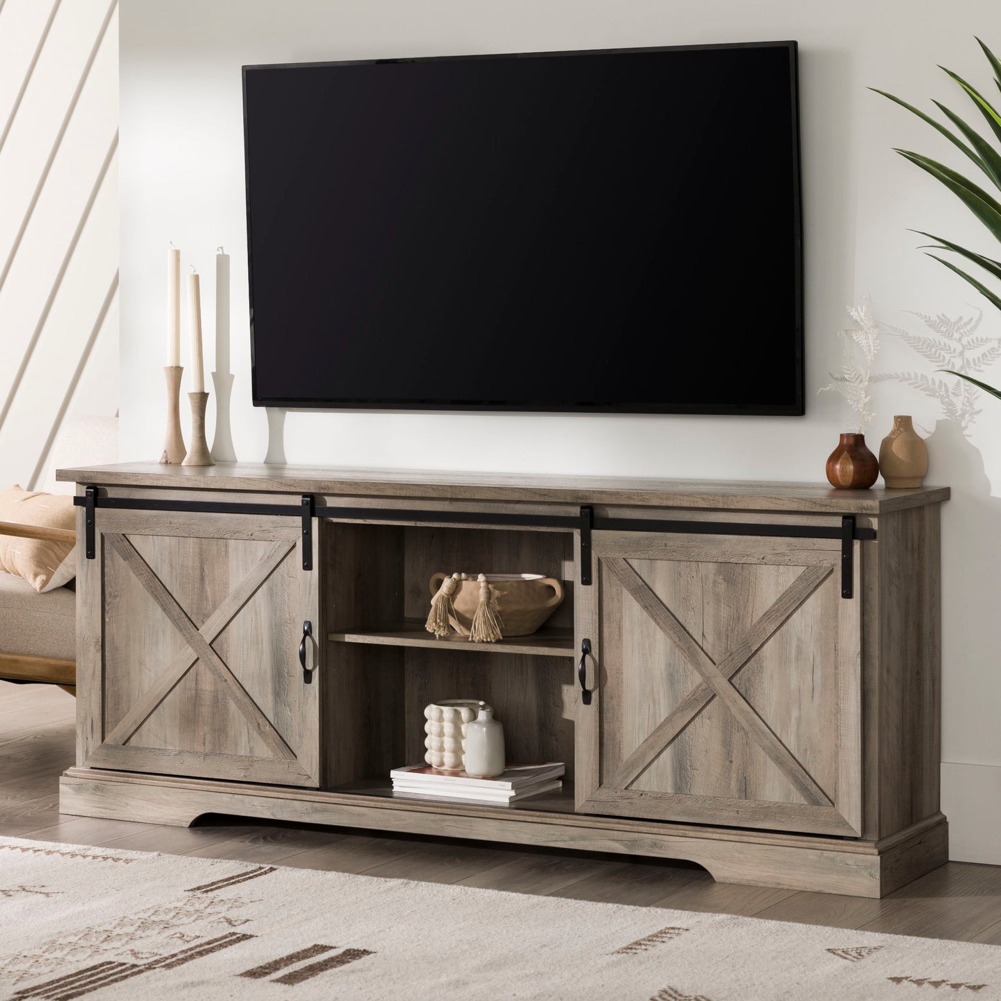 Farmhouse Sliding X Barn Door 70" TV Stand For 80" TVs - Gray Wash