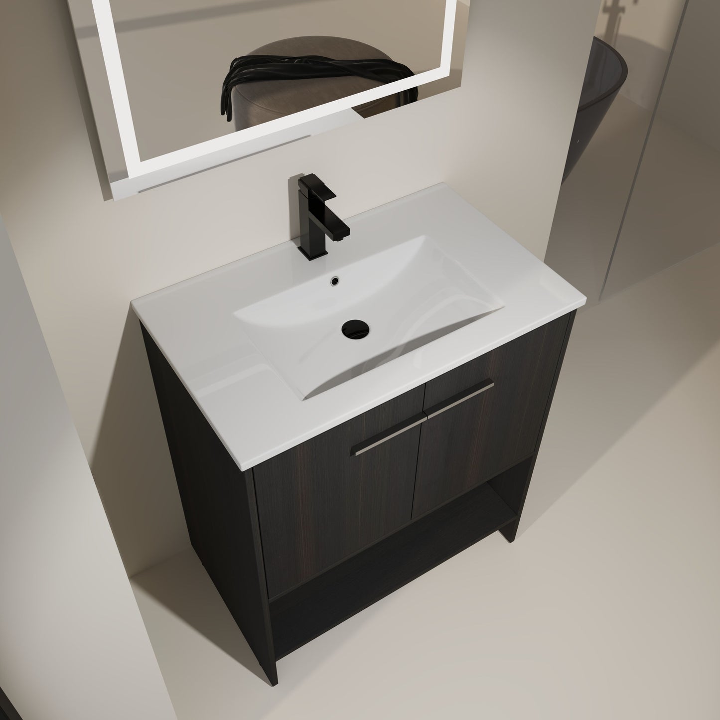 Modern Freestanding 30" Bathroom Vanity With Ceramic Sink, Soft Closing Doors Cabinet - Dark Oak