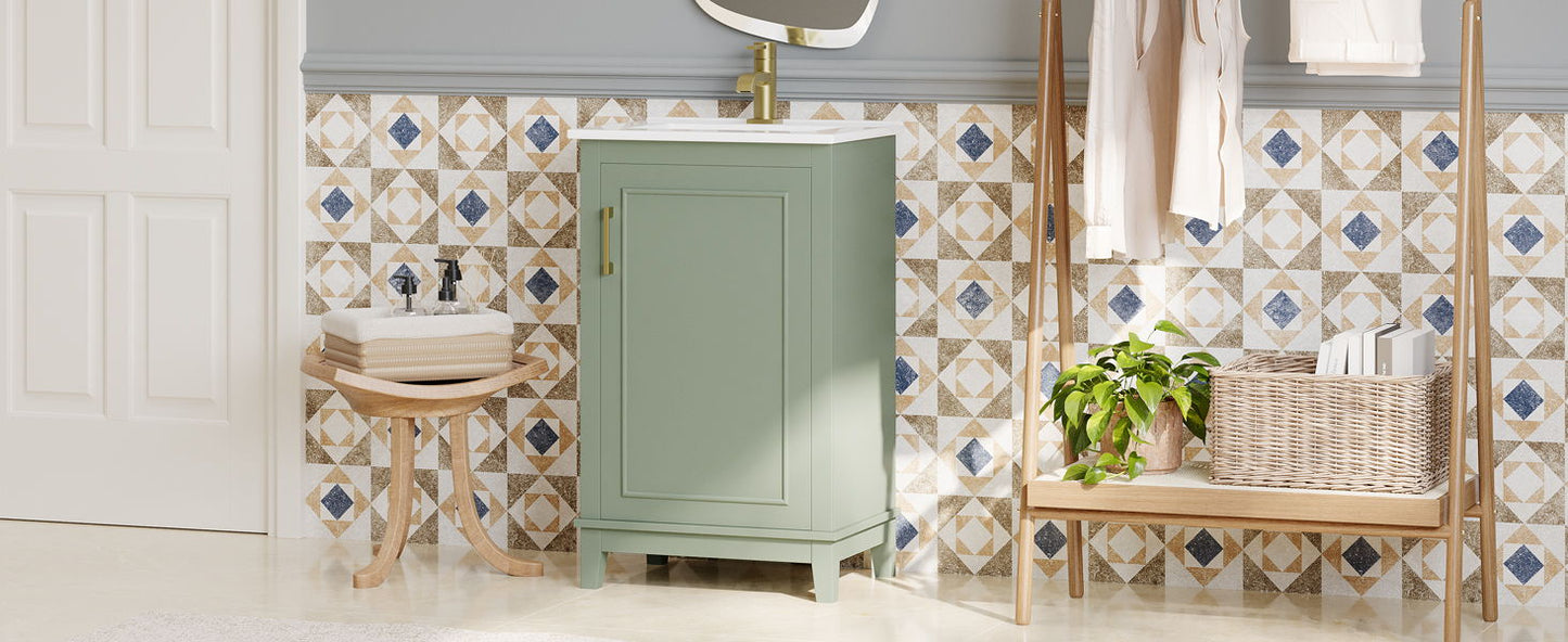 Modern Small Bathroom Vanity Cabinet With Ceramic Basin, Ample Storage, 1 Soft Close Door - Green
