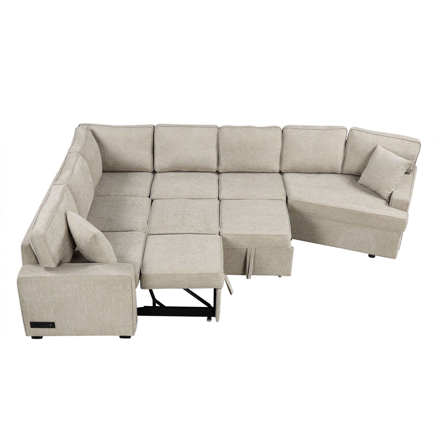L-Shaped Sofa Sectional Sofa Couch Pull-Out Sofa Bed With Charging Devices And Cup Holders For Living Room - Beige