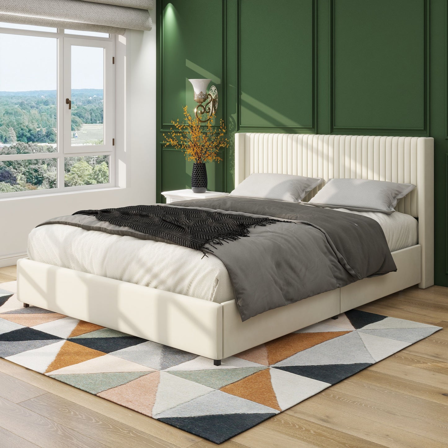 Anna - Queen Patented 2 Drawer Storage Bed, Upholstered Wingback - Ivory Velvet