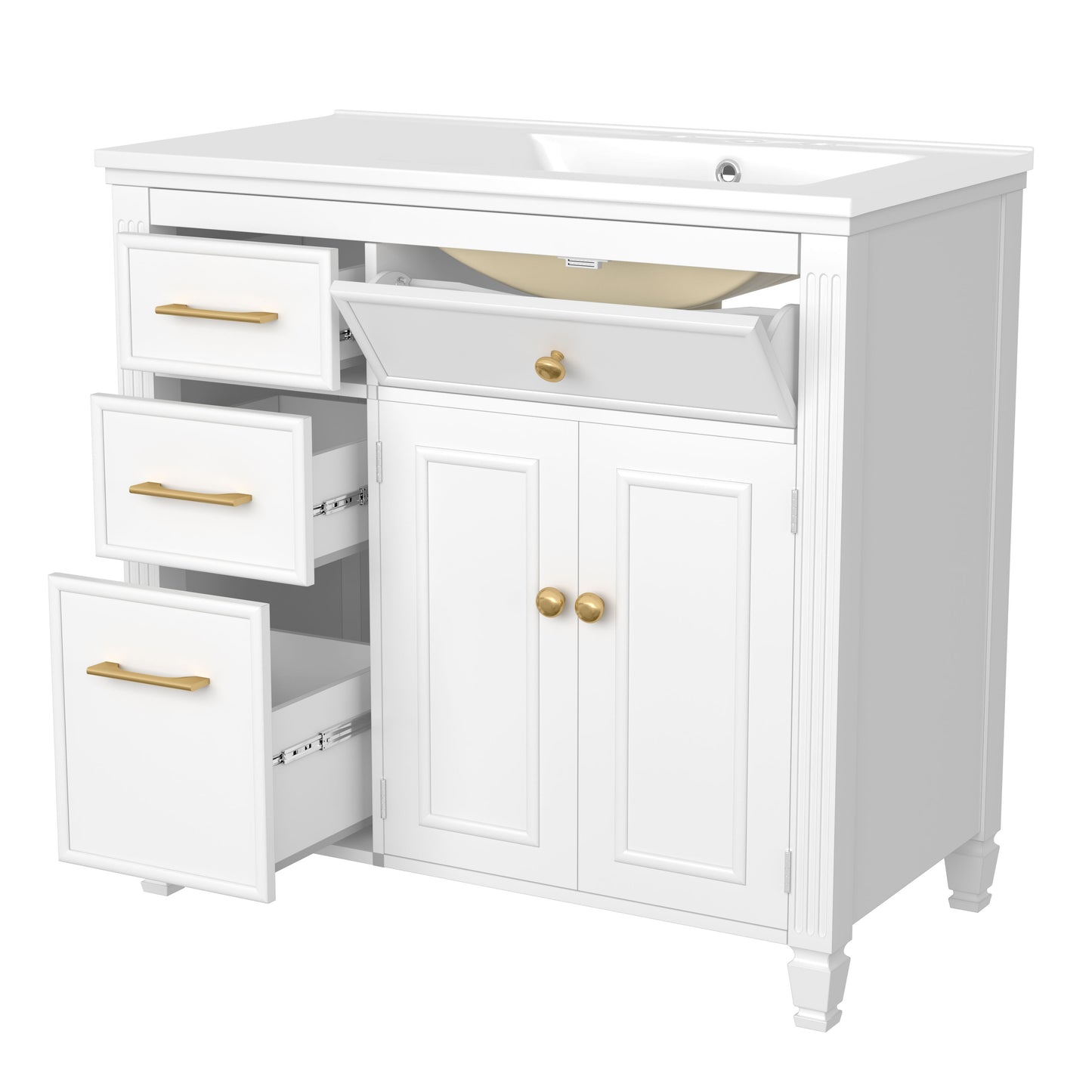 Modern Bathroom Vanity With Ceramic Sink, Freestanding, One Tip - Out Drawer, 3 Side Drawers, Adjustable Shelf - White