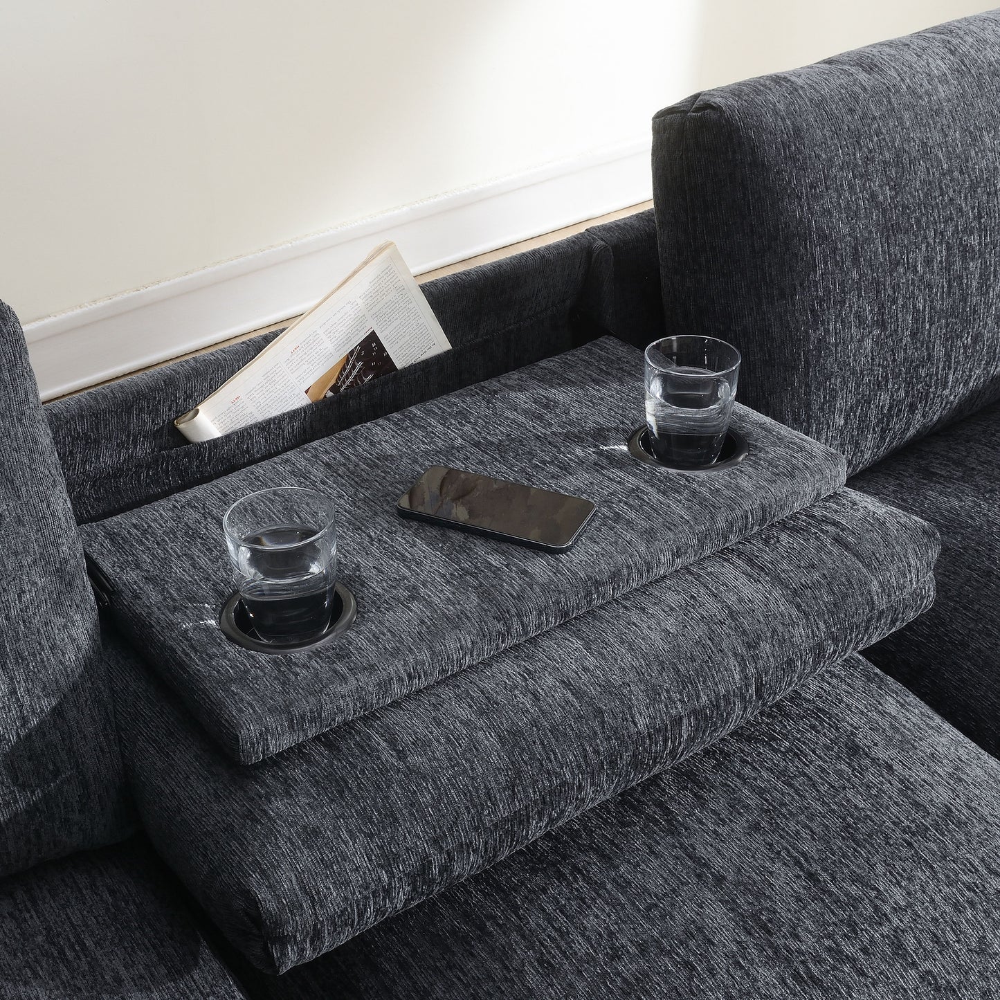 Sectional With Bluetooth Speaker Comfy Cloud Couch Set With Drop Down Table Cup Holders, USB Charger Storage Armrest Wide Seat Sofa - Dark Gray