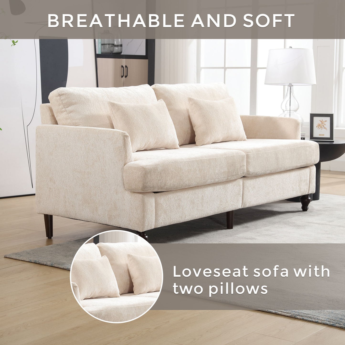 Mid Century Modern Chenille Fabric Loveseat Sofa With Brown Wood Feet, 2 Seat Upholstered Couch For Living Room And Bedroom - Beige
